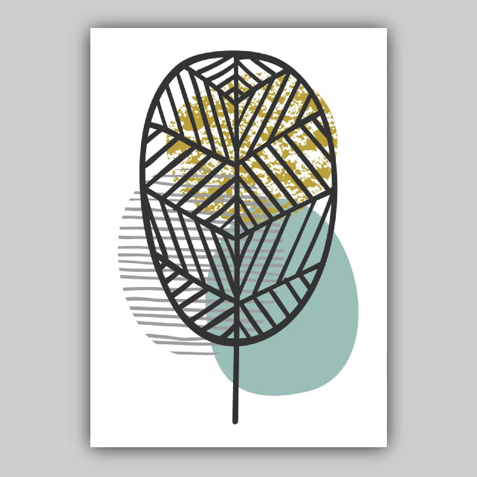 GEOMETRIC set of 3 Blue Yellow & Grey Line LEAVES Botanical Art Prints