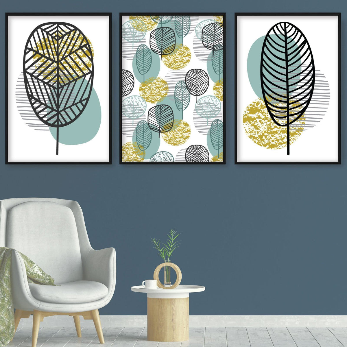 GEOMETRIC set of 3 Blue Yellow & Grey Line LEAVES Botanical Art Prints ...