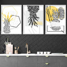 Geometric Abstract set of 3 Yellow & Black Line Pineapple Art Prints