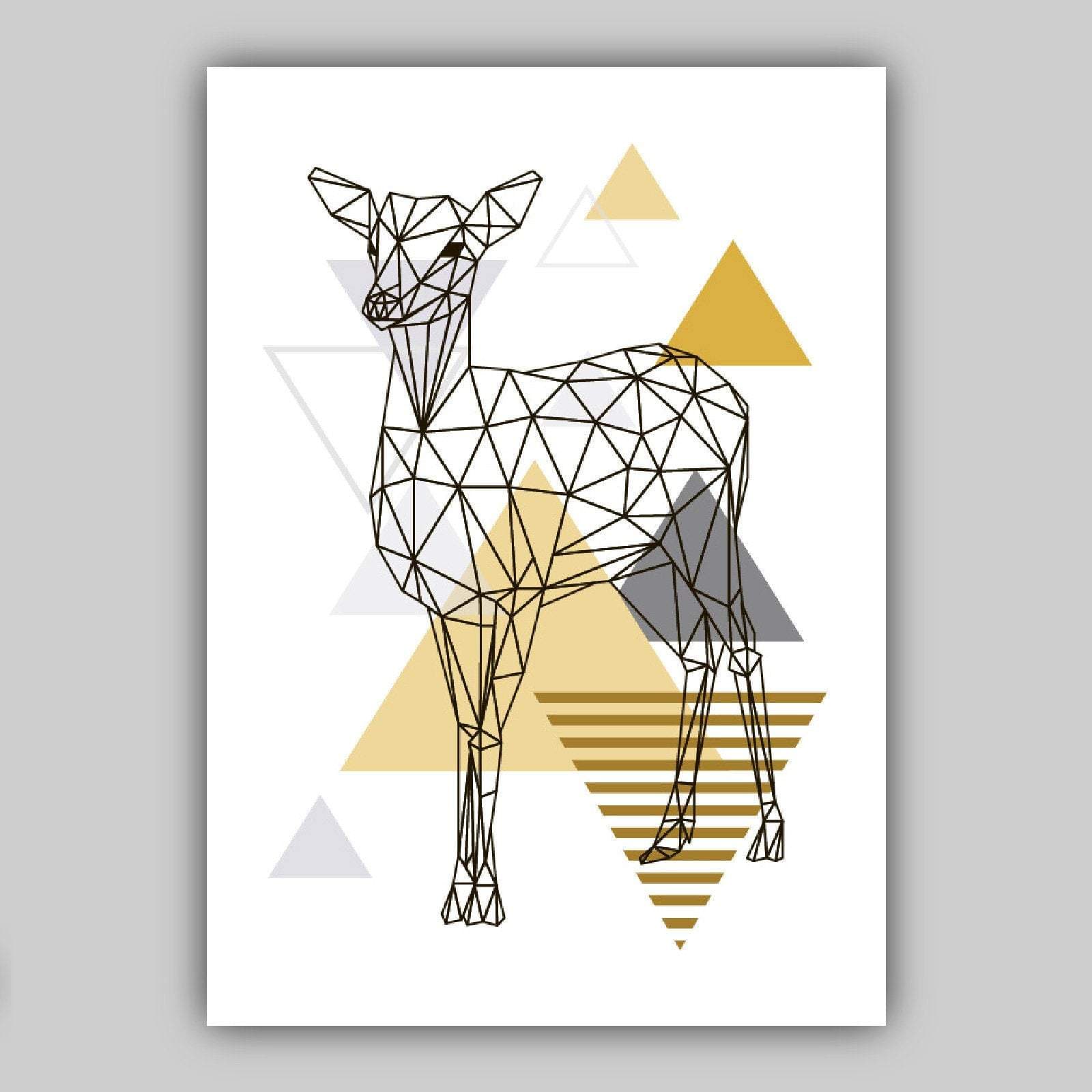 Set of 3 GEOMETRIC YELLOW & Grey STAG Deer Doe Modern Art Prints