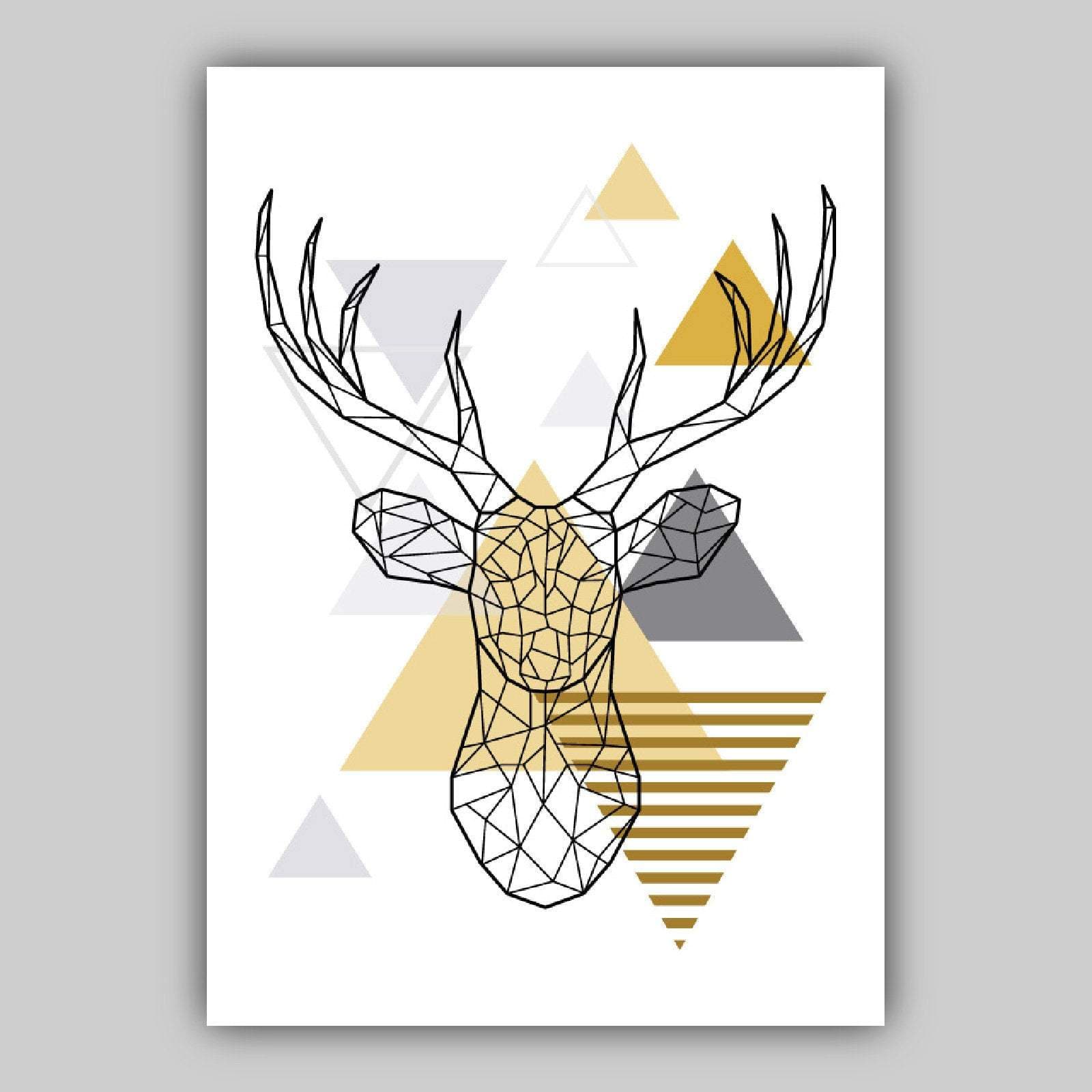 Set of 3 GEOMETRIC YELLOW & Grey STAG Deer Doe Modern Art Prints