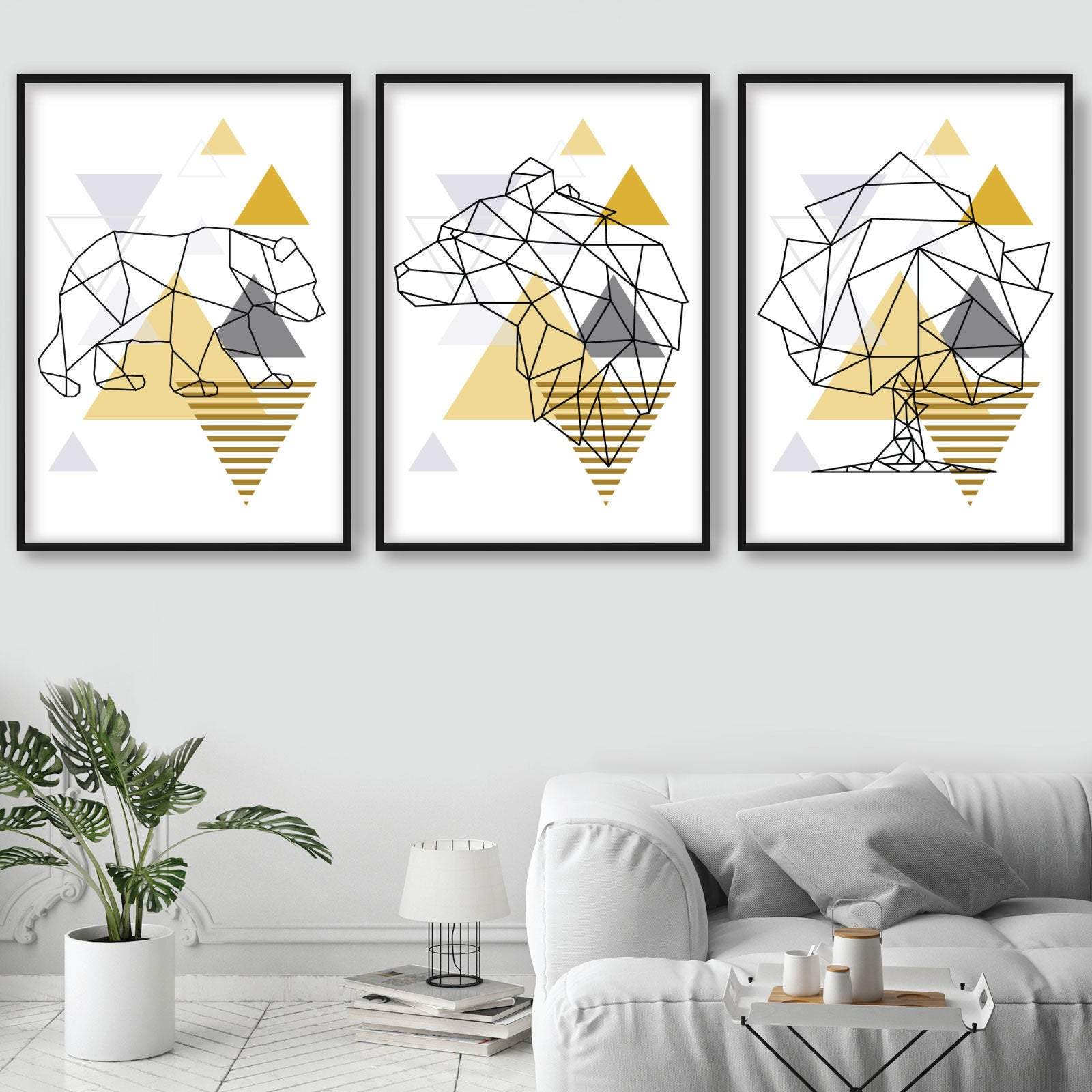 Set of 3 Scandinavian YELLOW & Grey BEARS & Tree set Modern Art Prints