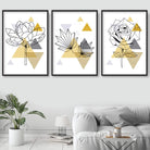 Set of 3 GEOMETRIC YELLOW & Grey ROSE Peony Leaf Floral Botanical Art Prints