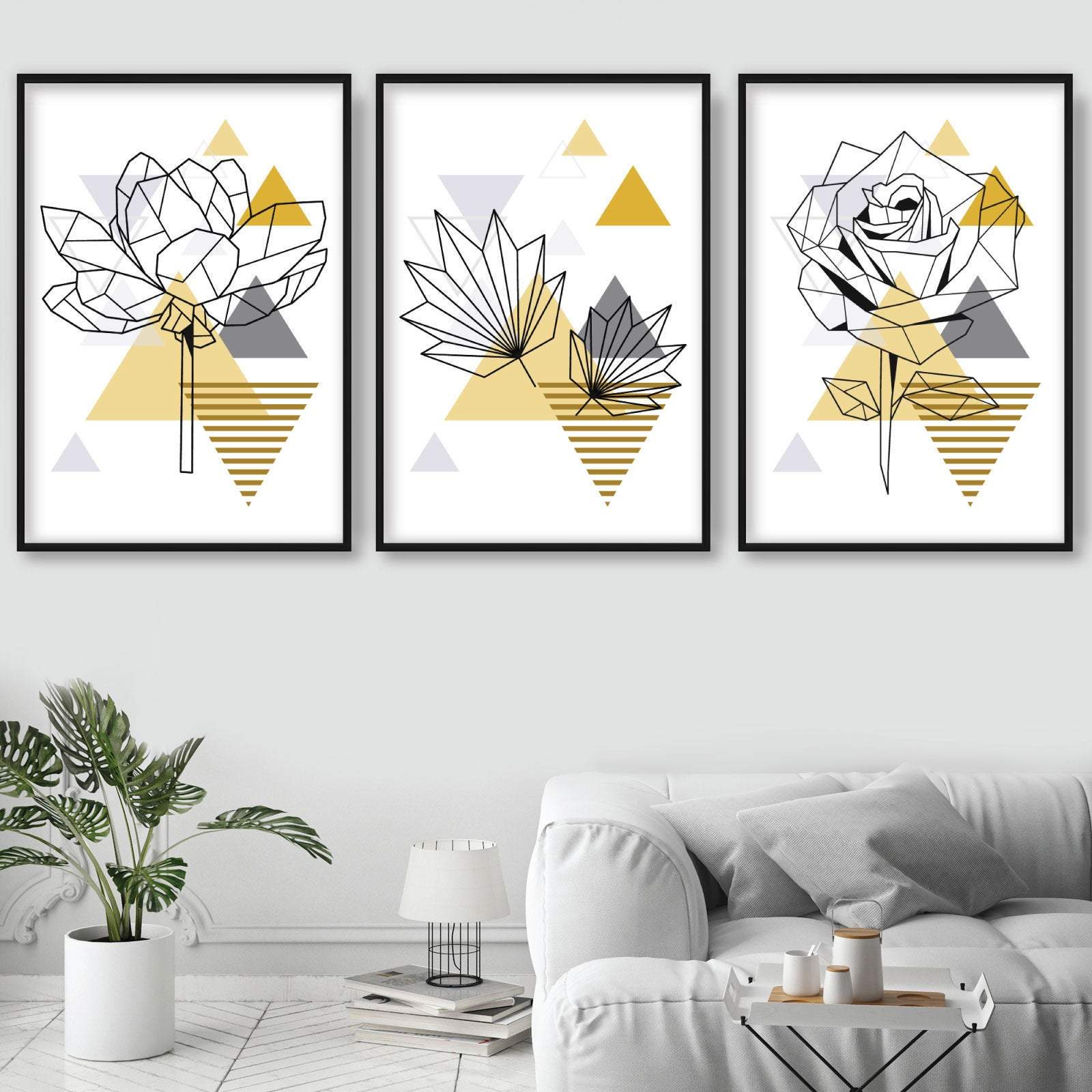 Set of 3 GEOMETRIC YELLOW & Grey ROSE Peony Leaf Floral Botanical Art Prints