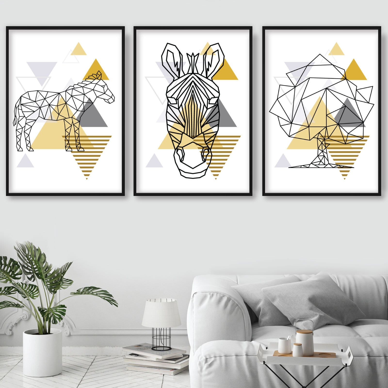 Set of 3 Scandinavian GEOMETRIC YELLOW & Grey ZEBRA Art Prints