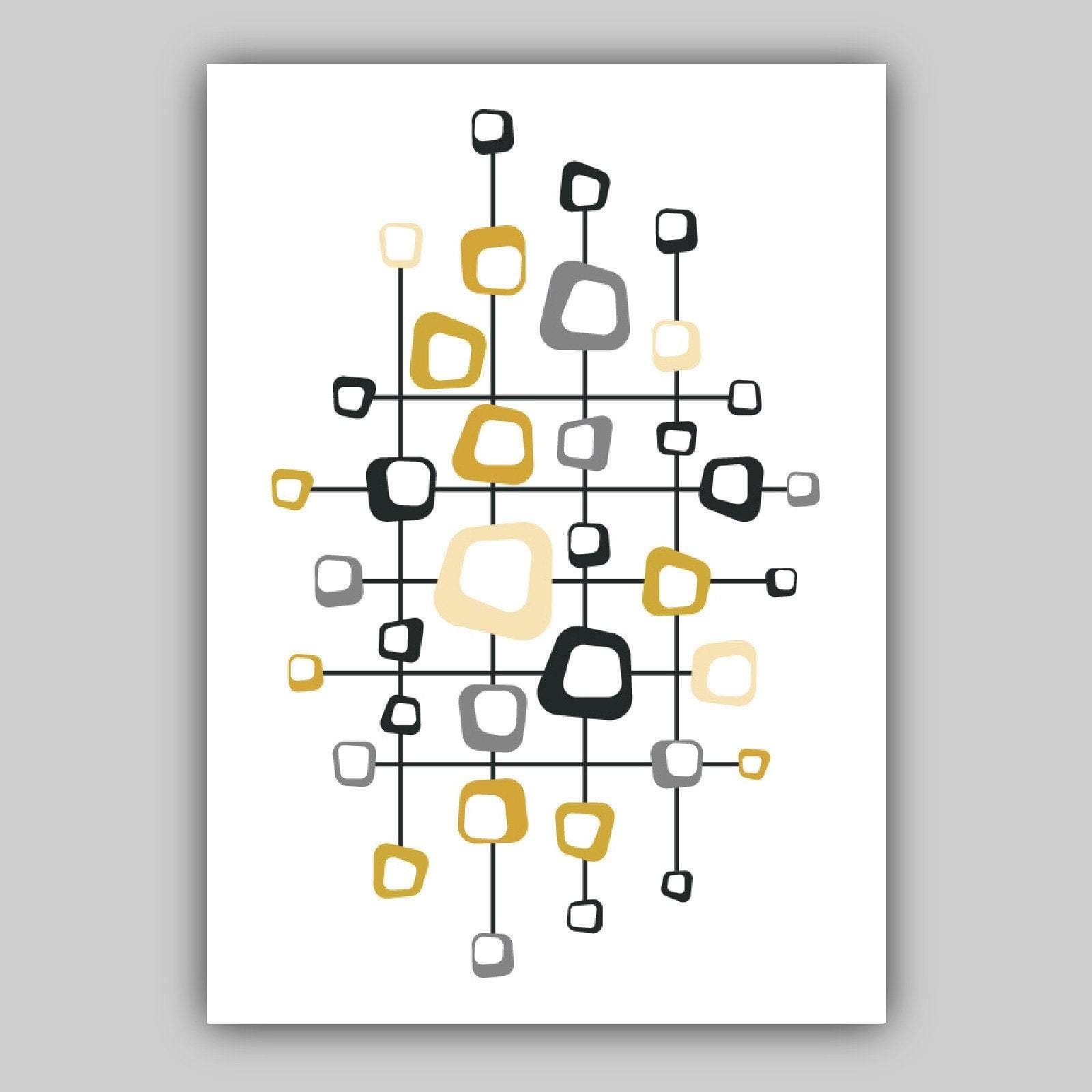 Set of 3 ABSTRACT GEOMETRIC Yellow and Grey Mid Century Modern Print Set