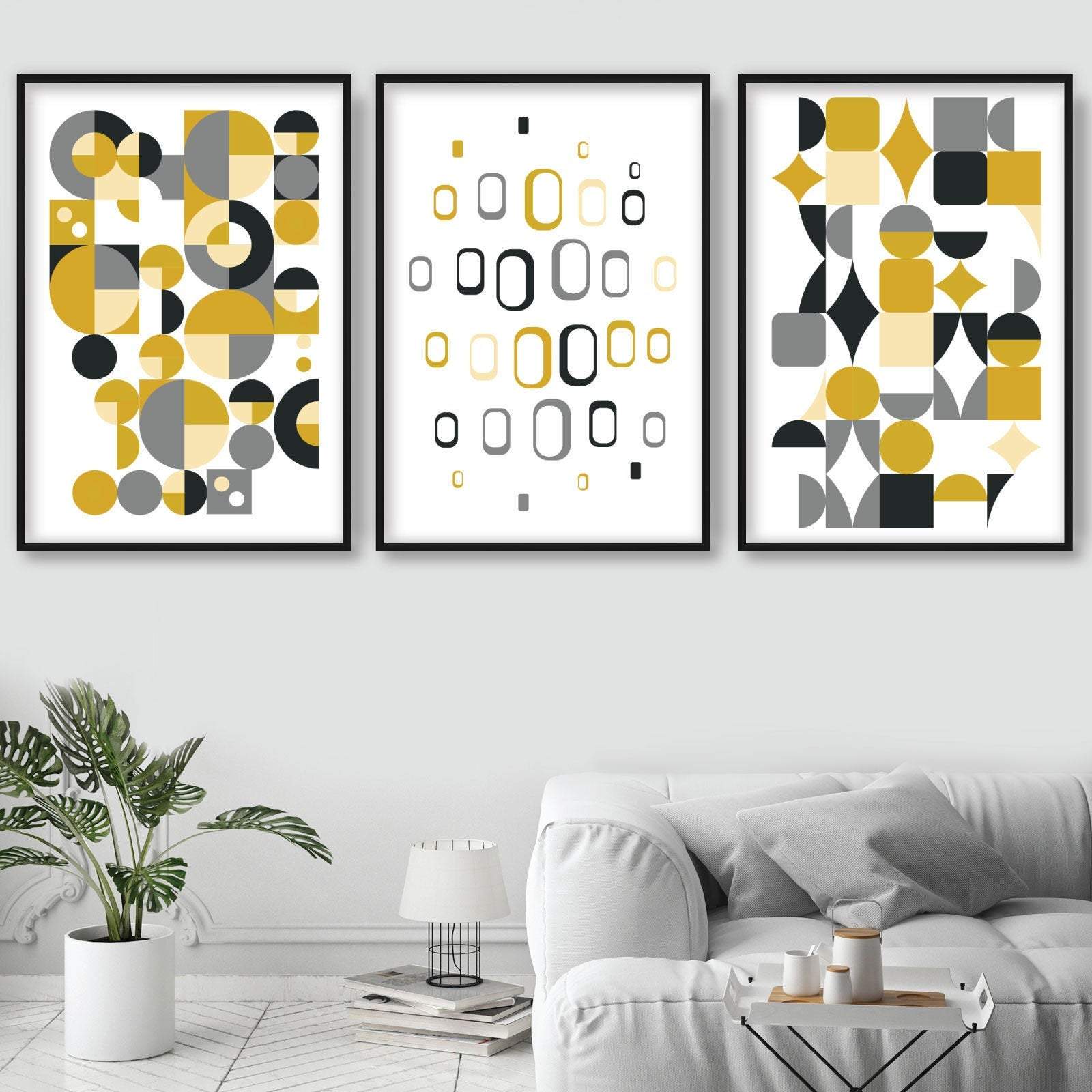 Set of 3 Mid Century Modern Yellow and Grey Wall Art