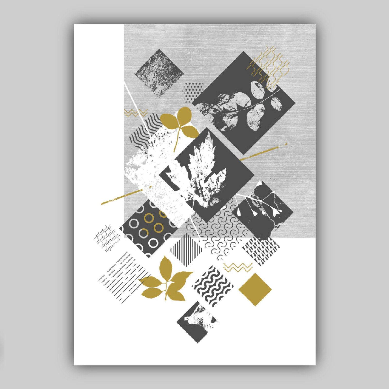BOTANICAL Set of 3 Abstract GEOMETRIC Grey and Mustard Yellow Floral Prints