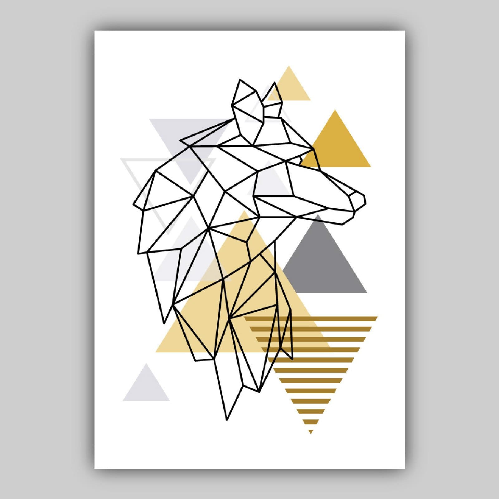 Set of 3 GEOMETRIC YELLOW & Grey Wolves Modern Art Prints