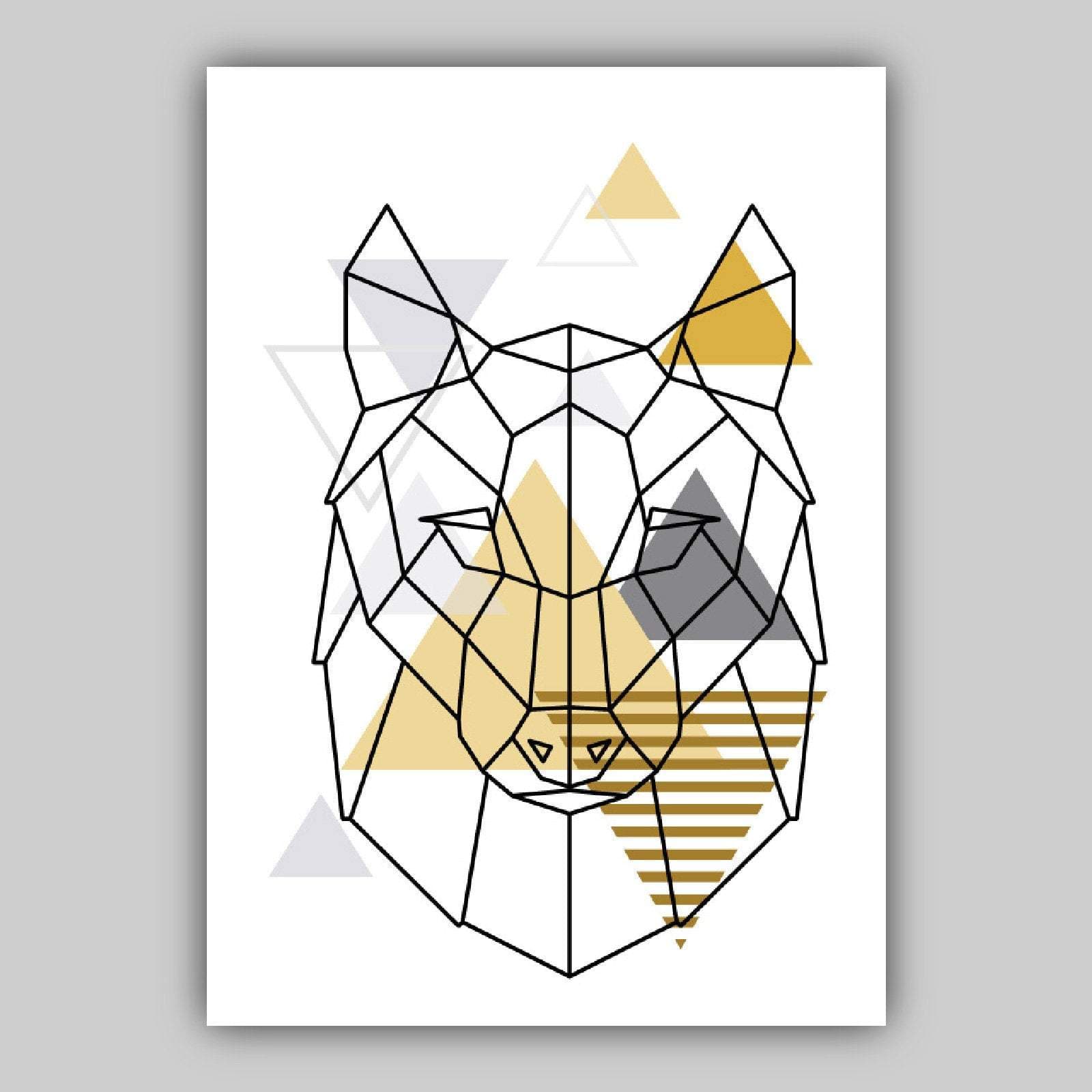 Set of 3 GEOMETRIC YELLOW & Grey Wolves Modern Art Prints
