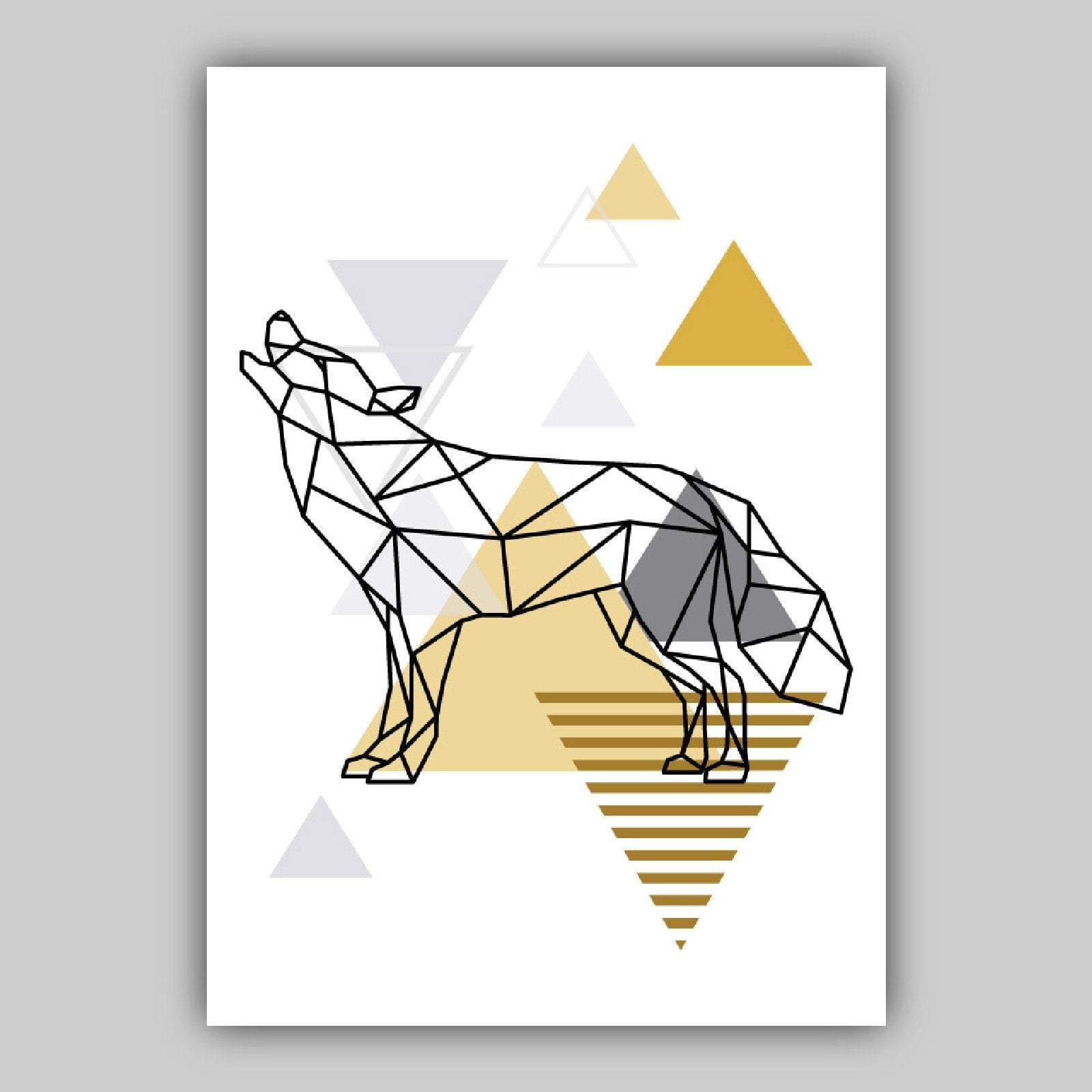 Set of 3 GEOMETRIC YELLOW & Grey Wolves Modern Art Prints