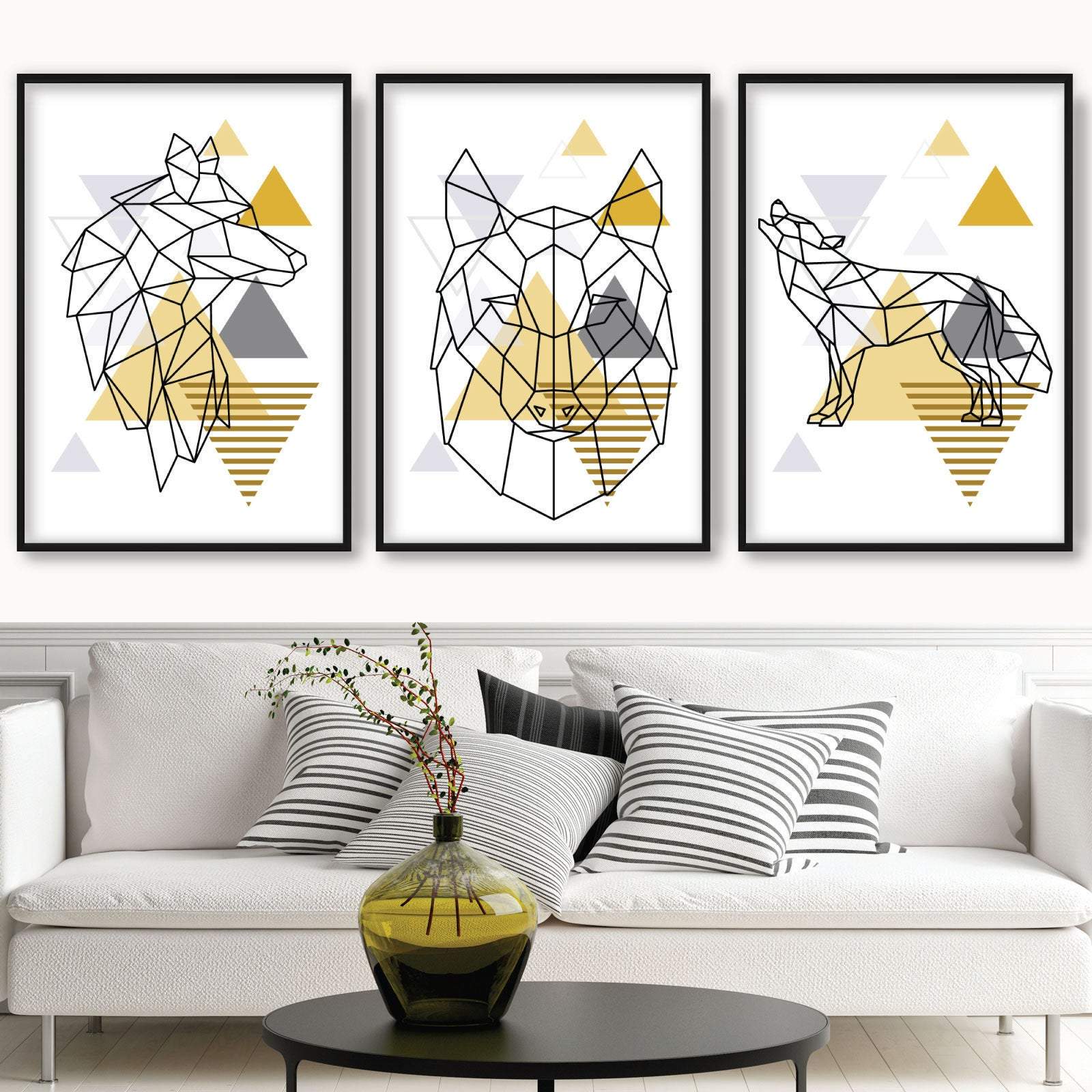 Set of 3 GEOMETRIC YELLOW & Grey Wolves Modern Art Prints
