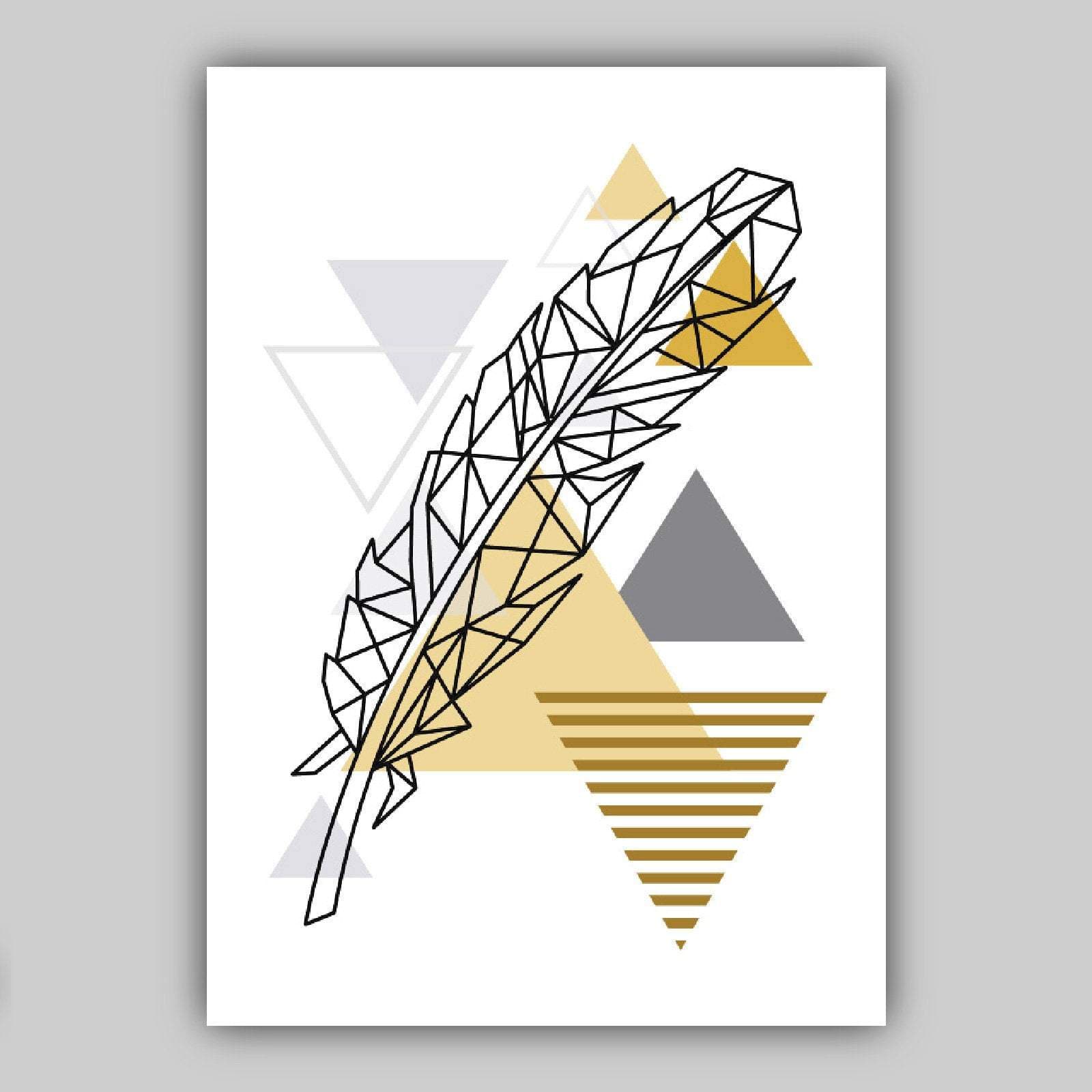 Set of 3 Scandinavian Yellow & Grey Flamingo & Peacock Feather Modern Art Prints