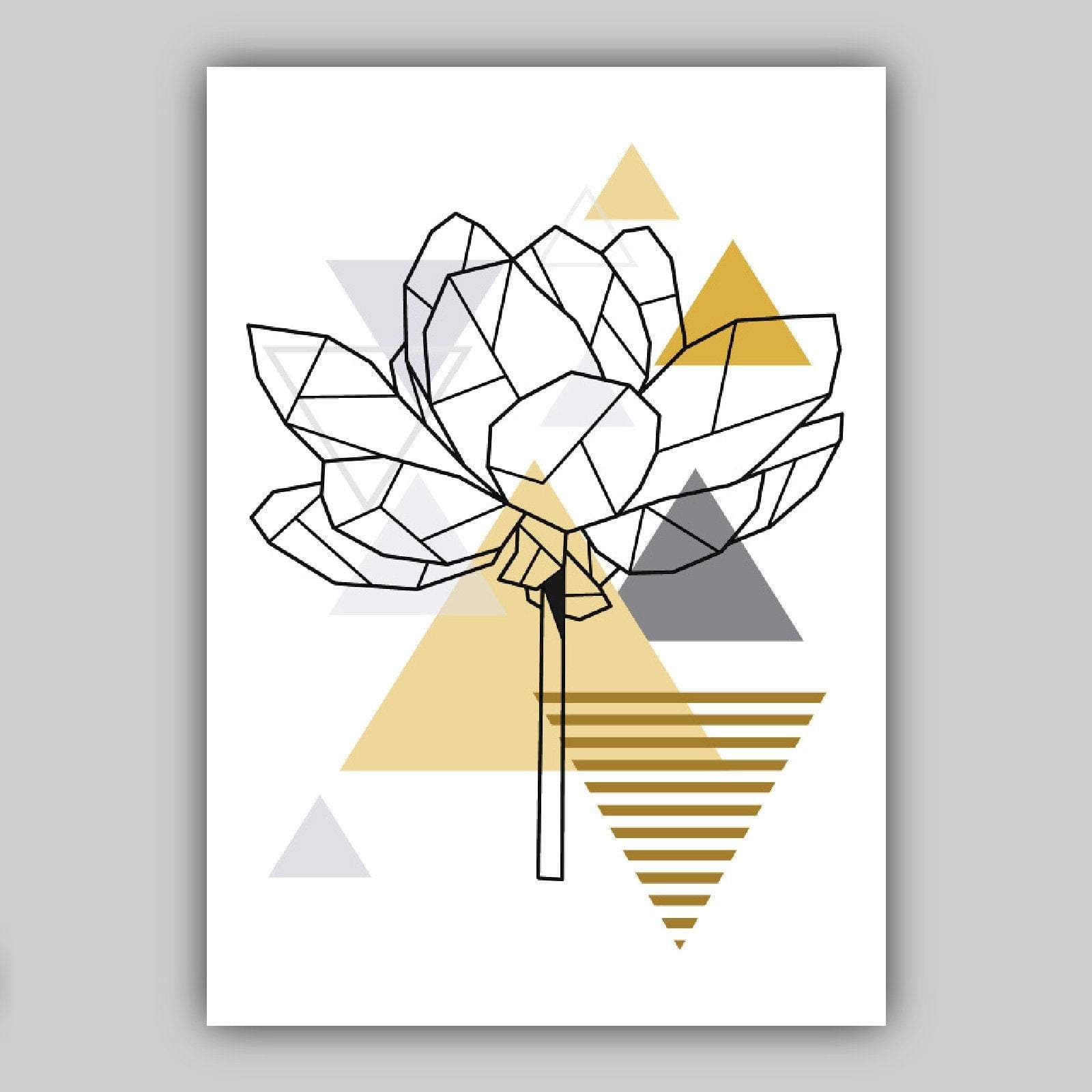 Set of 3 GEOMETRIC YELLOW & Grey ROSE Peony Leaf Floral Botanical Art Prints