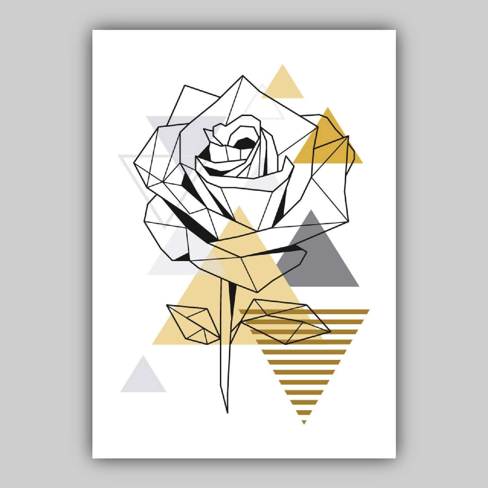 Set of 3 GEOMETRIC YELLOW & Grey ROSE Peony Leaf Floral Botanical Art Prints