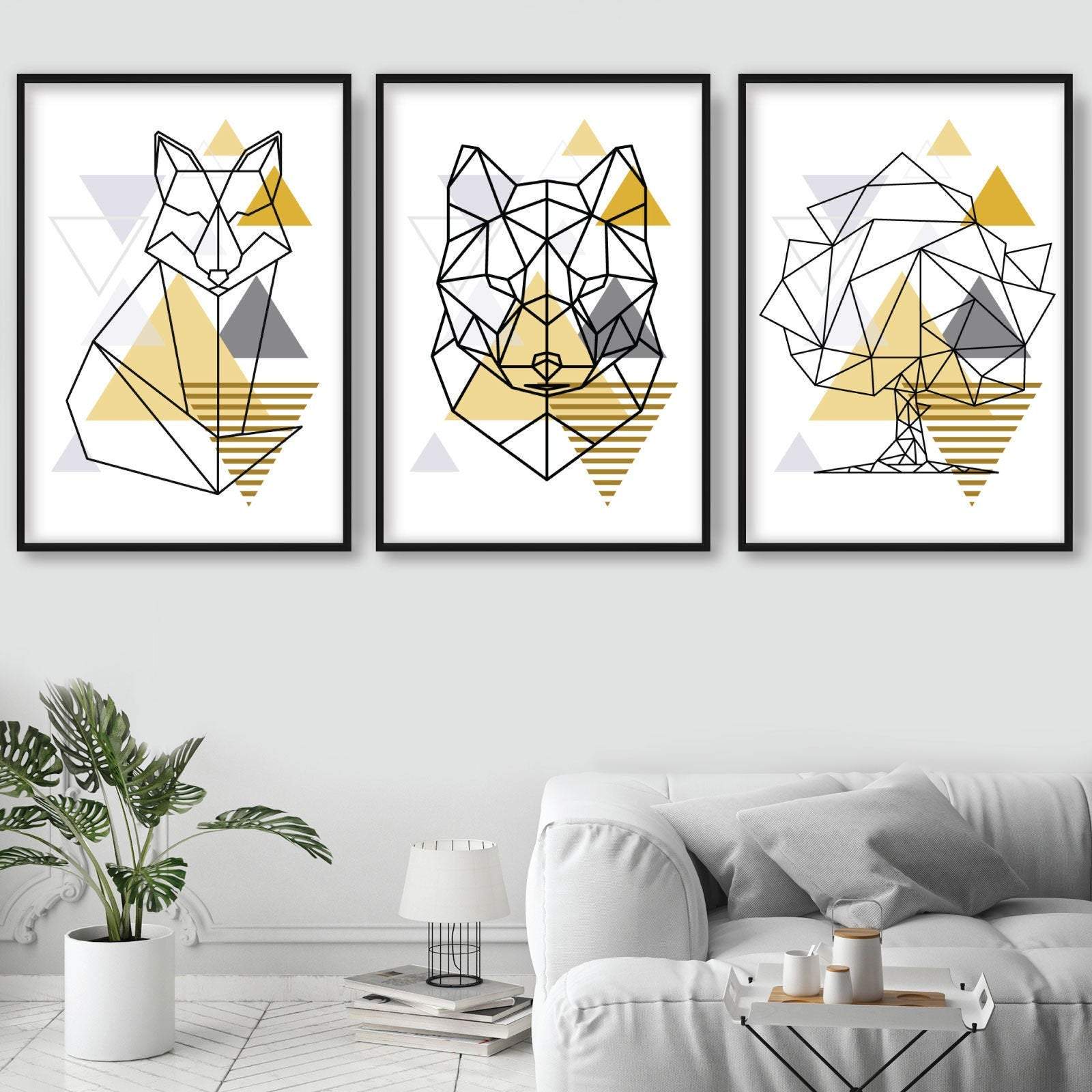 Set of 3 Scandinavian YELLOW & Grey FOX & Tree Abstract Modern Art Prints