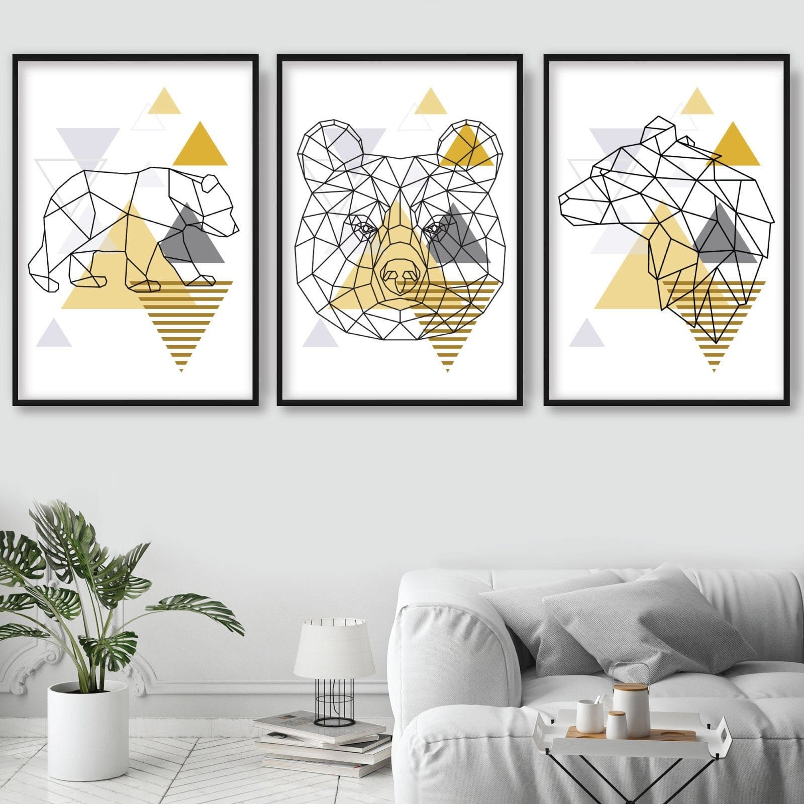 Set of 3 YELLOW & Grey BEARS Prints Set