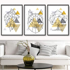 Set of 3 GEOMETRIC YELLOW & Grey WOLF Forest Modern Art Prints