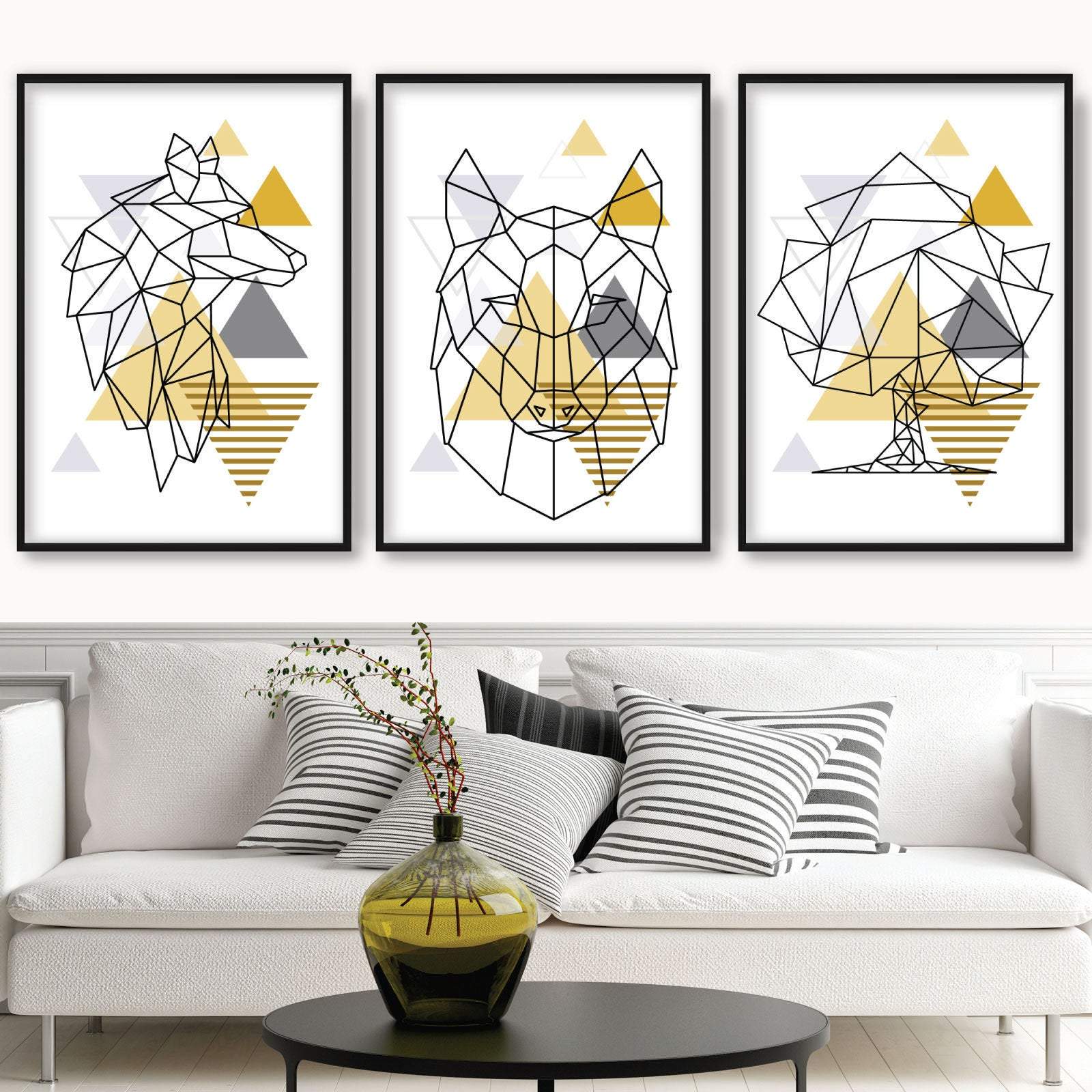 Set of 3 GEOMETRIC YELLOW & Grey WOLF Forest Modern Art Prints