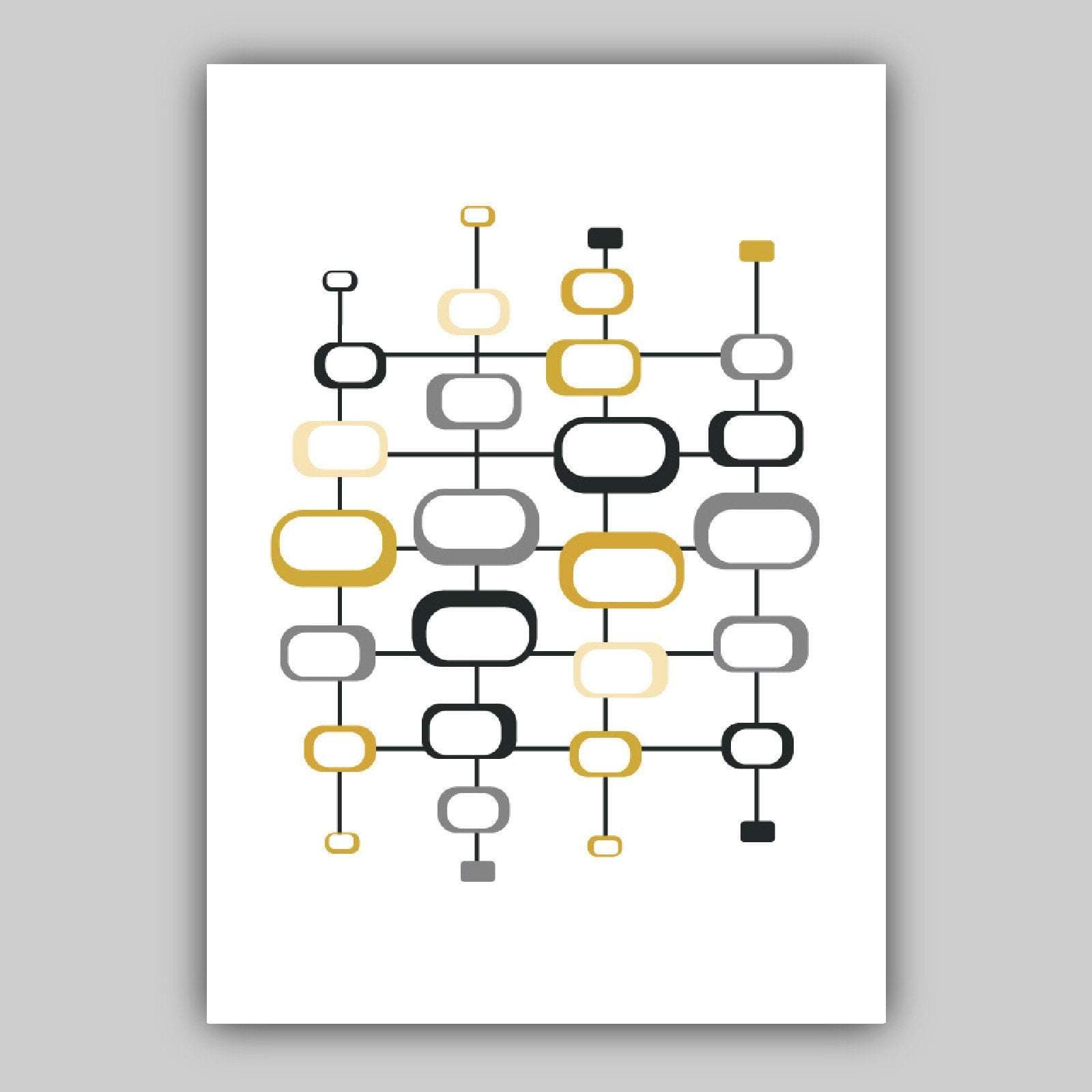 Set of 3 ABSTRACT GEOMETRIC Yellow and Grey Mid Century Modern Print Set