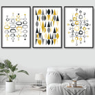 Set of 3 ABSTRACT GEOMETRIC Yellow and Grey Mid Century Modern Print Set