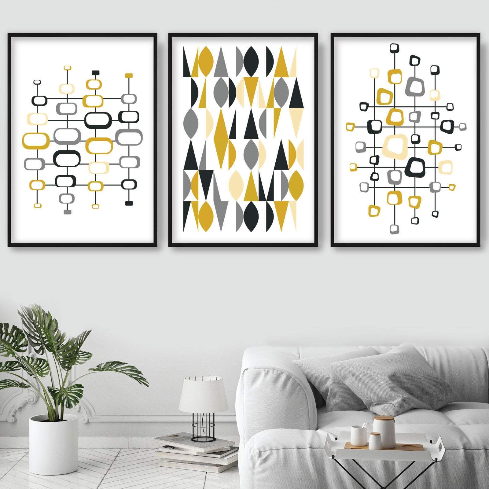Set of 3 ABSTRACT GEOMETRIC Yellow and Grey Mid Century Modern Print Set