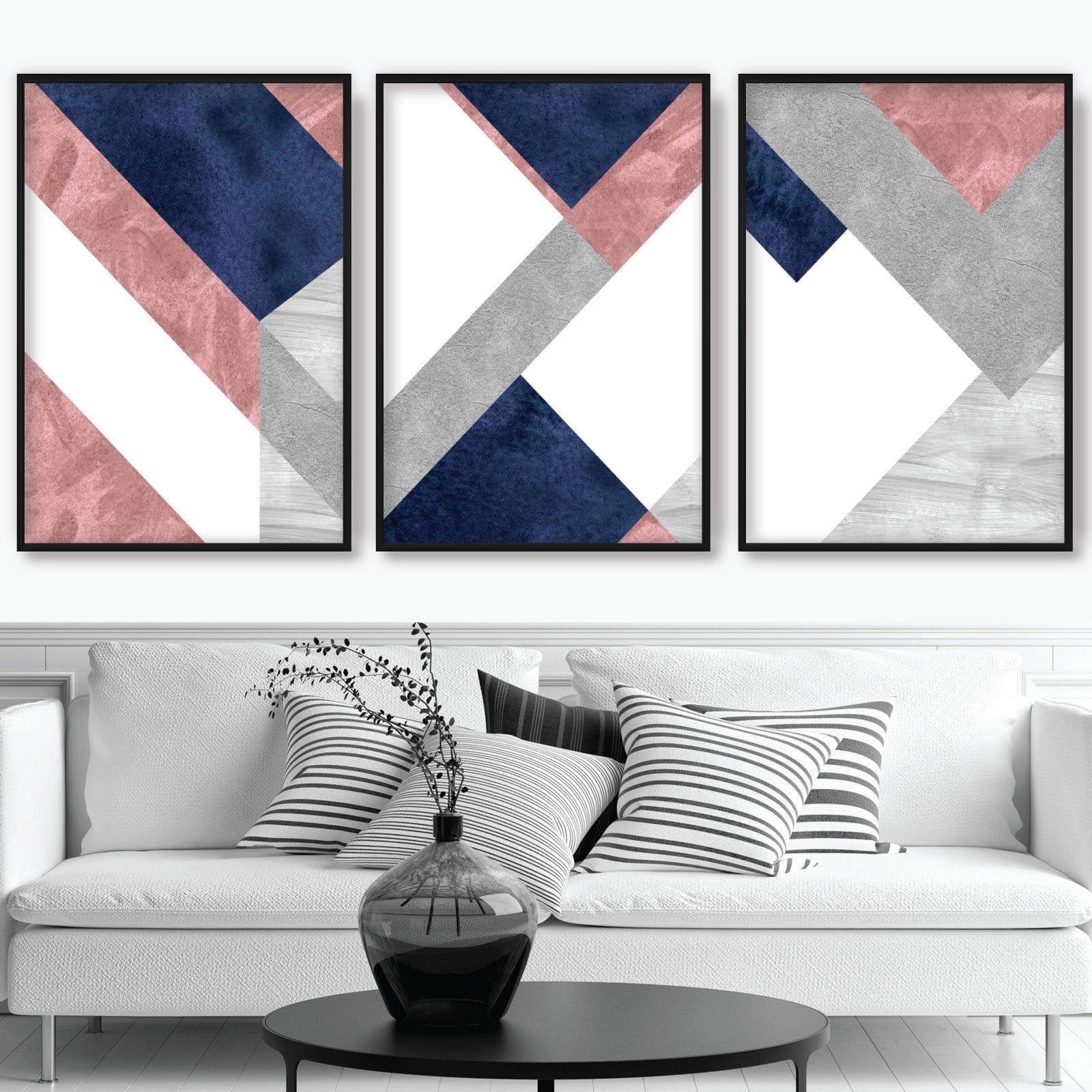 GEOMETRIC set of 3 Navy Blush Pink and Grey Art Prints Abstract Textured Pattern