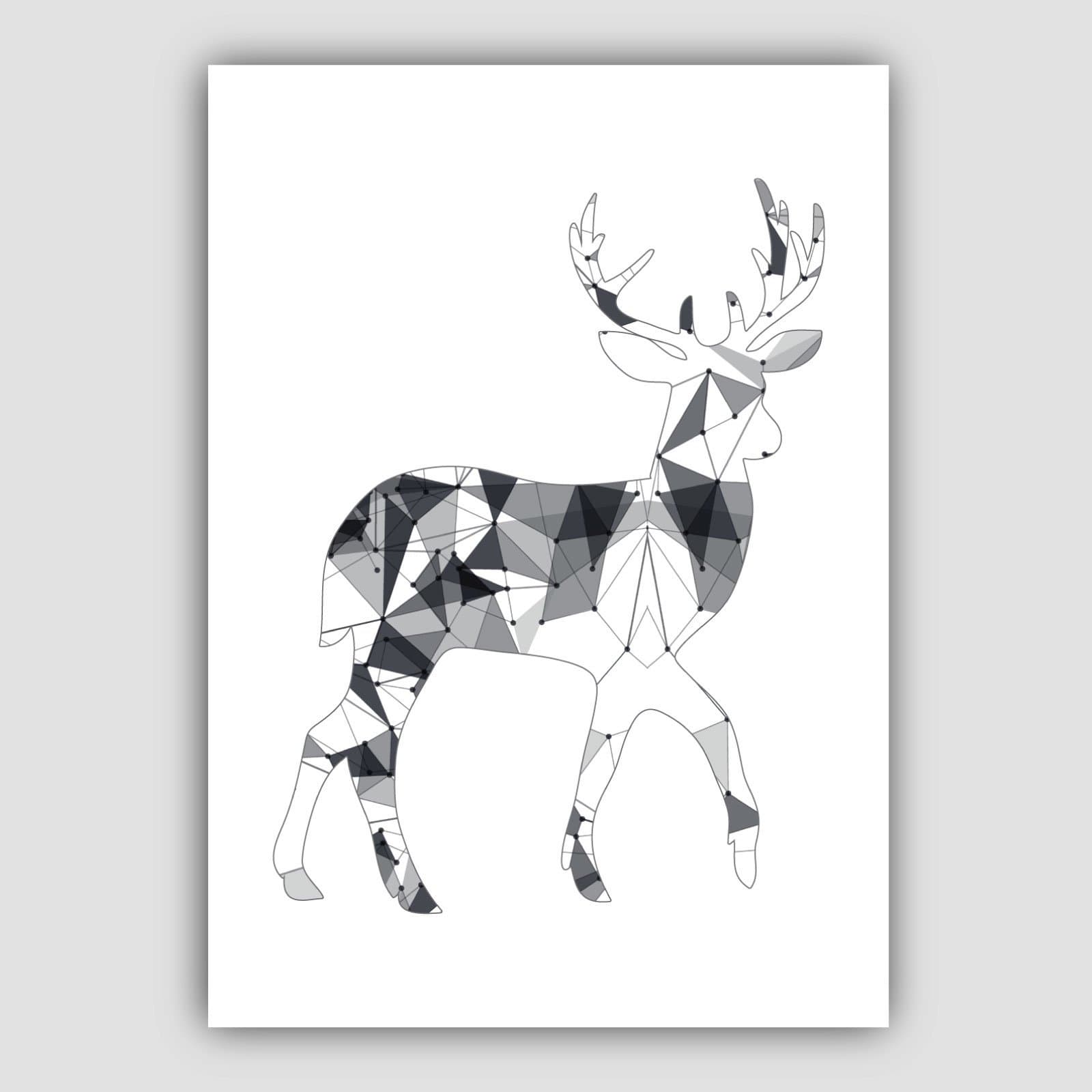 Set of 5 Scandinavian GEOMETRIC Gallery Wall Art Prints STAG deer Black & Grey Wall Pictures Posters Artwork