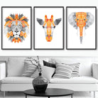 GEOMETRIC set of 3 ORANGE & Grey Art Prints Jungle Heads Giraffe Lion Elephant