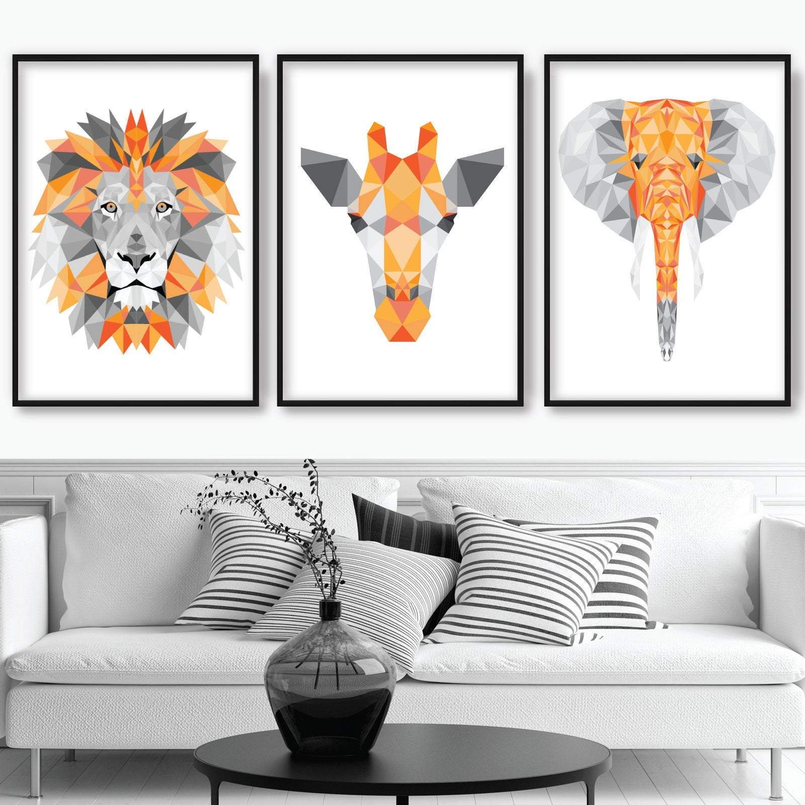 GEOMETRIC set of 3 ORANGE & Grey Art Prints Jungle Heads Giraffe Lion Elephant