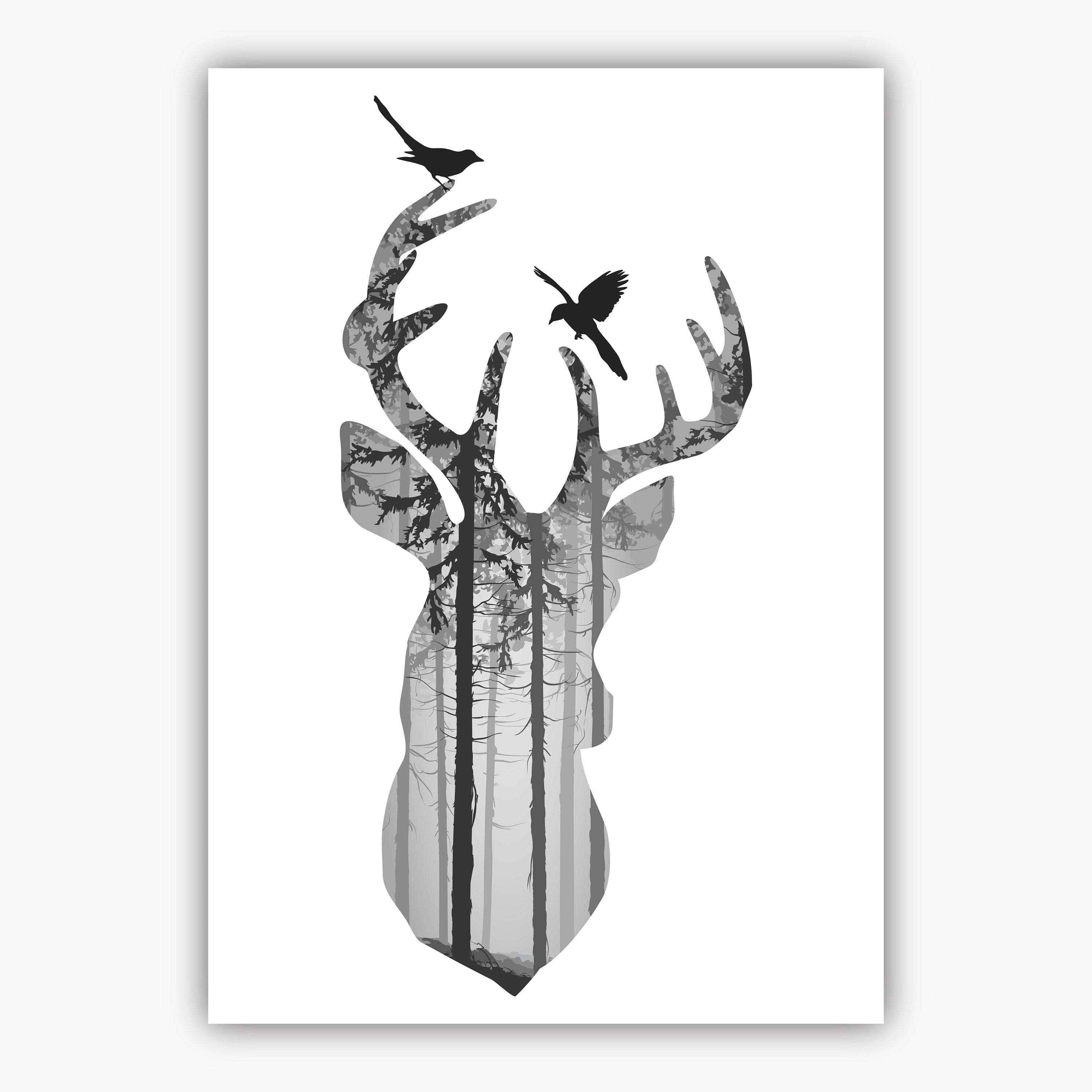 GEOMETRIC set of 3 Scandinavian Stags Black Grey & Gold Effect Art Prints