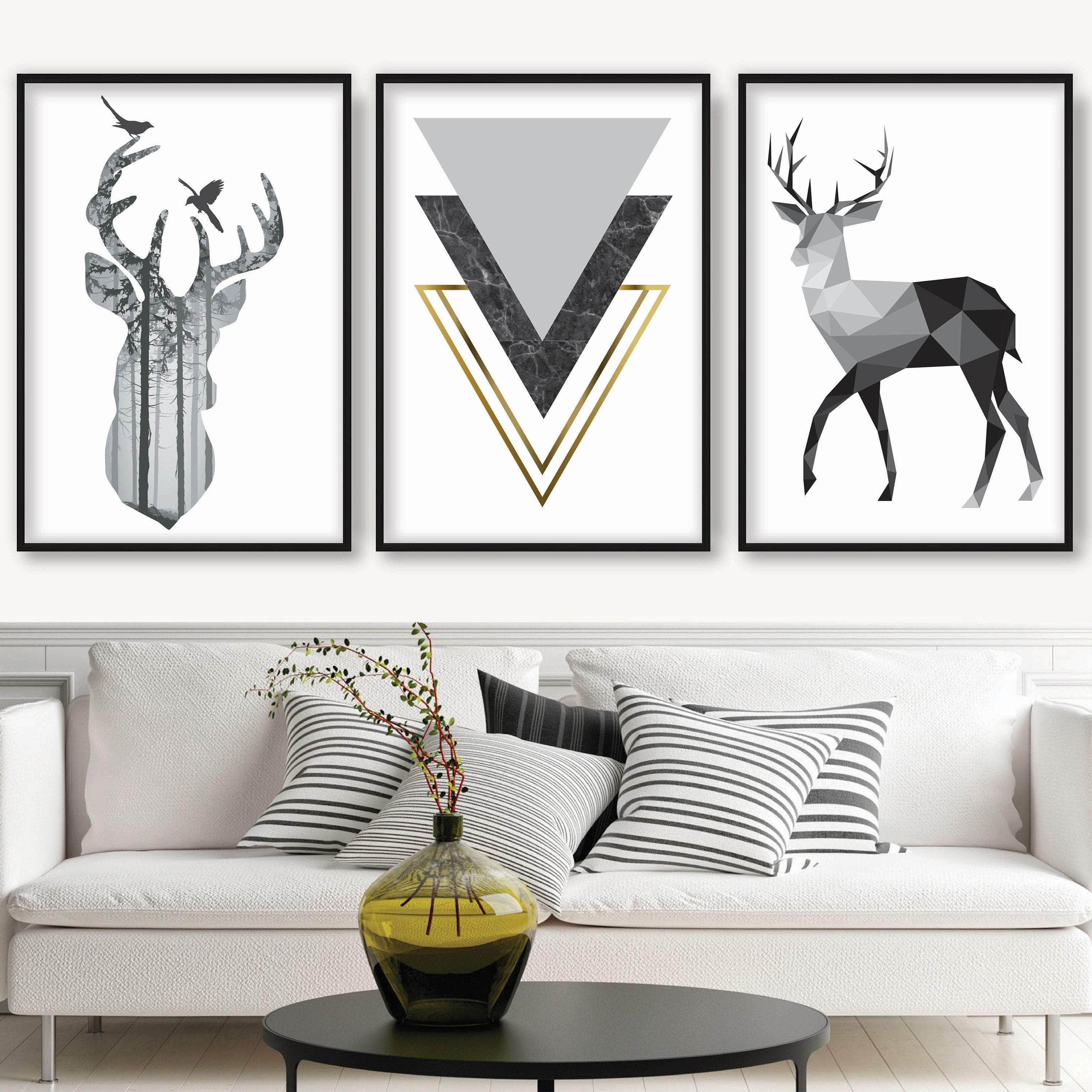 GEOMETRIC set of 3 Scandinavian Stags Black Grey & Gold Effect Art Prints