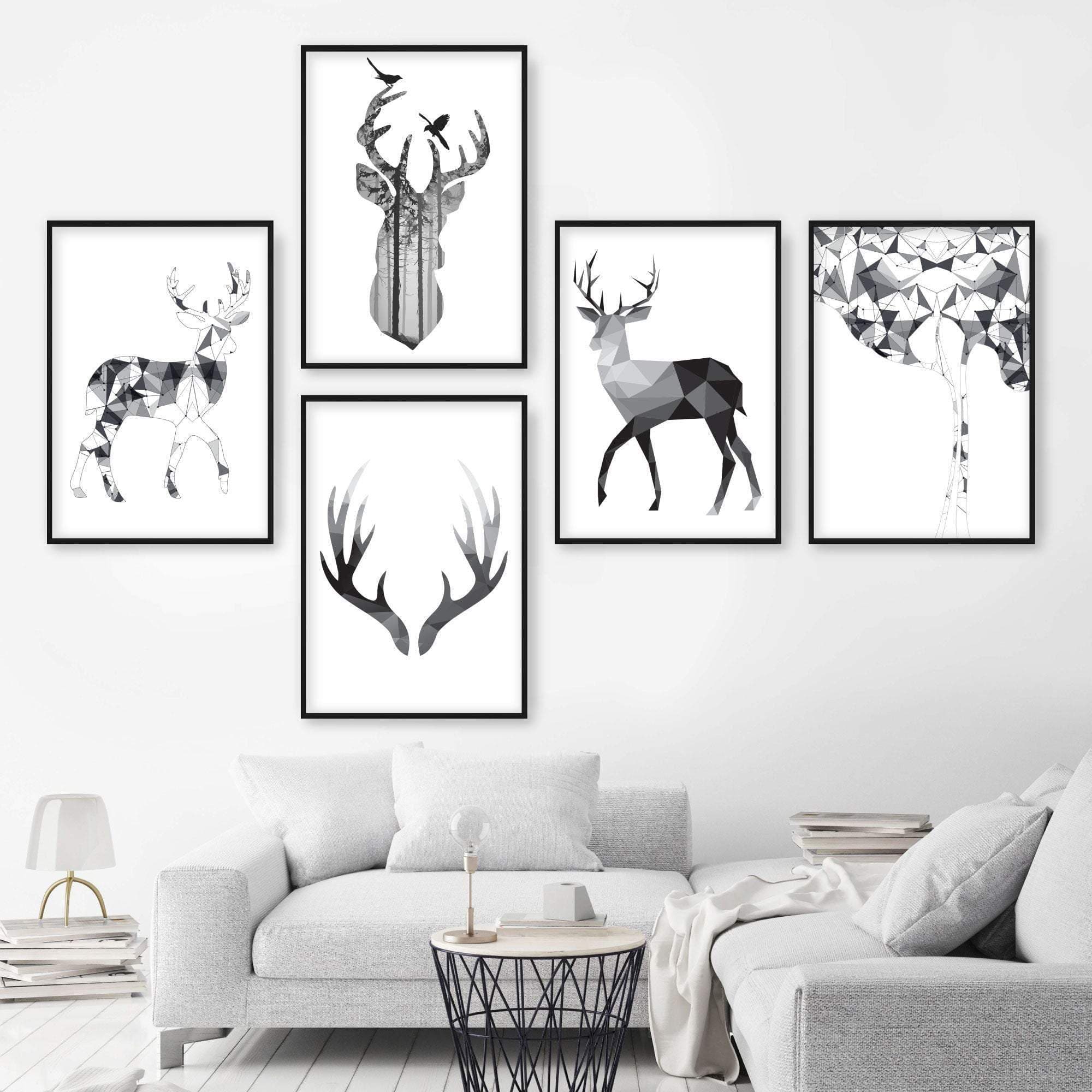 Set of 5 Scandinavian GEOMETRIC Gallery Wall Art Prints STAG deer Black & Grey Wall Pictures Posters Artwork