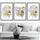 Set of 3 GEOMETRIC YELLOW & Grey Lion, Tiger, Cheetah Big Cats Art Prints