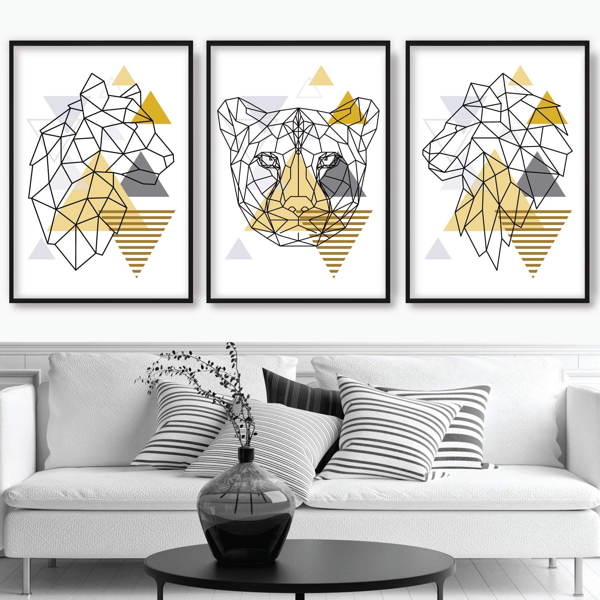 Set of 3 GEOMETRIC YELLOW & Grey Lion, Tiger, Cheetah Big Cats Art Prints