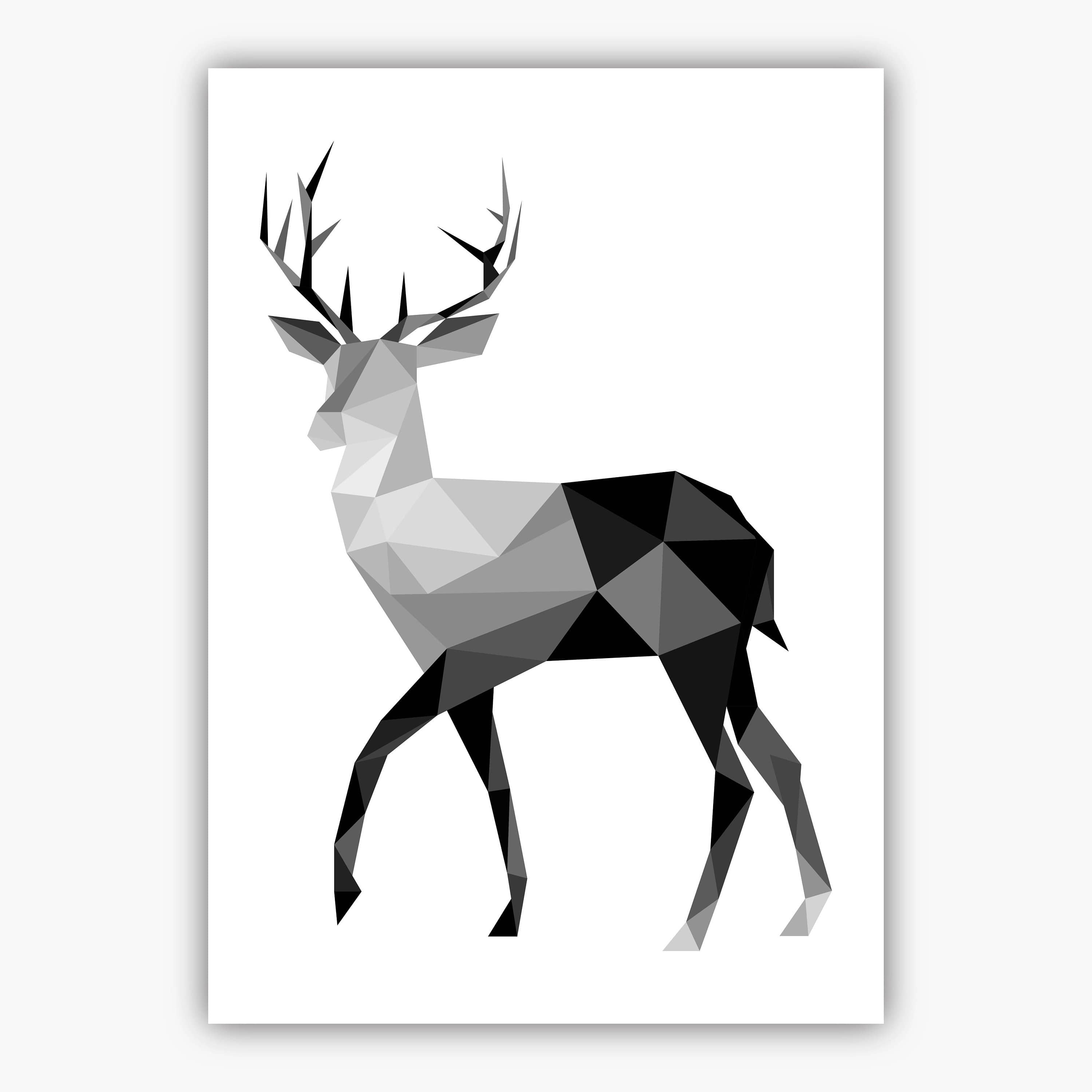 GEOMETRIC set of 3 Scandinavian Stags Black Grey & Gold Effect Art Prints