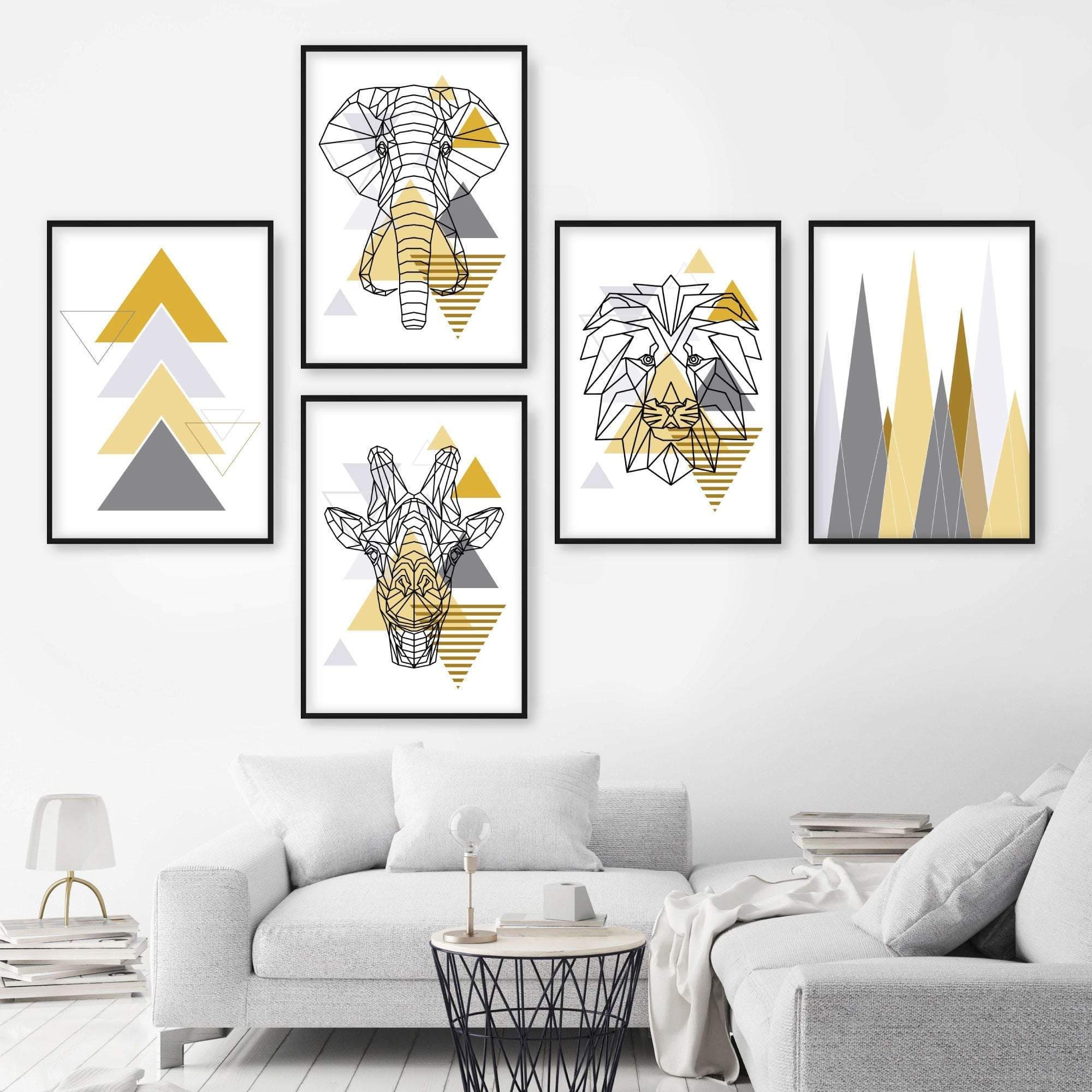 Set of 5 Gallery Wall Art Yellow and Grey Art Prints Jungle Art Print Elephant Lion Giraffe GEOMETRIC Wall Pictures Posters Artwork