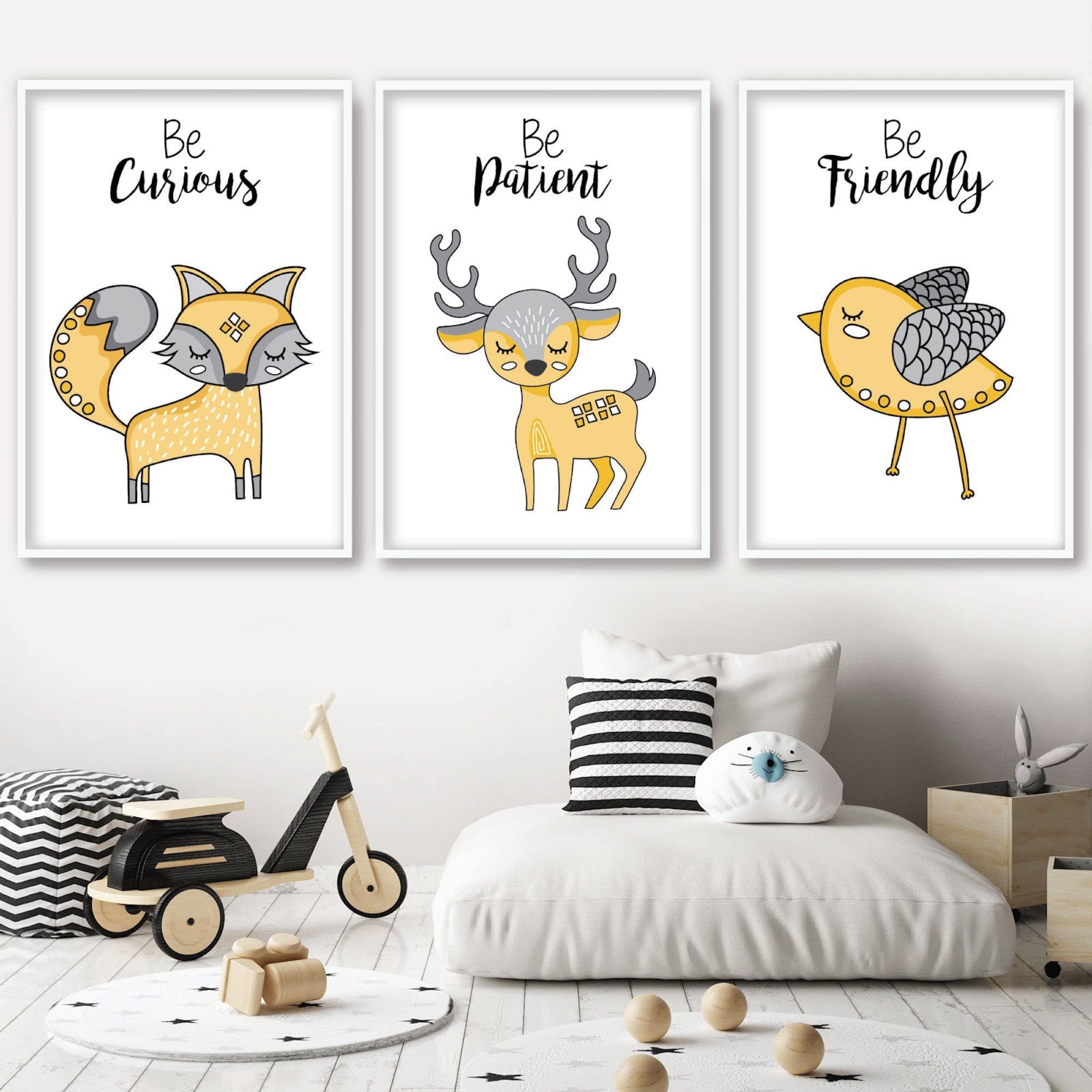 Nursery Set of 3 Yellow and Grey Forest Animals Art Quote Prints