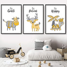 NURSERY Set of 3 Animals Wall Art Quote Prints in Yellow and Grey