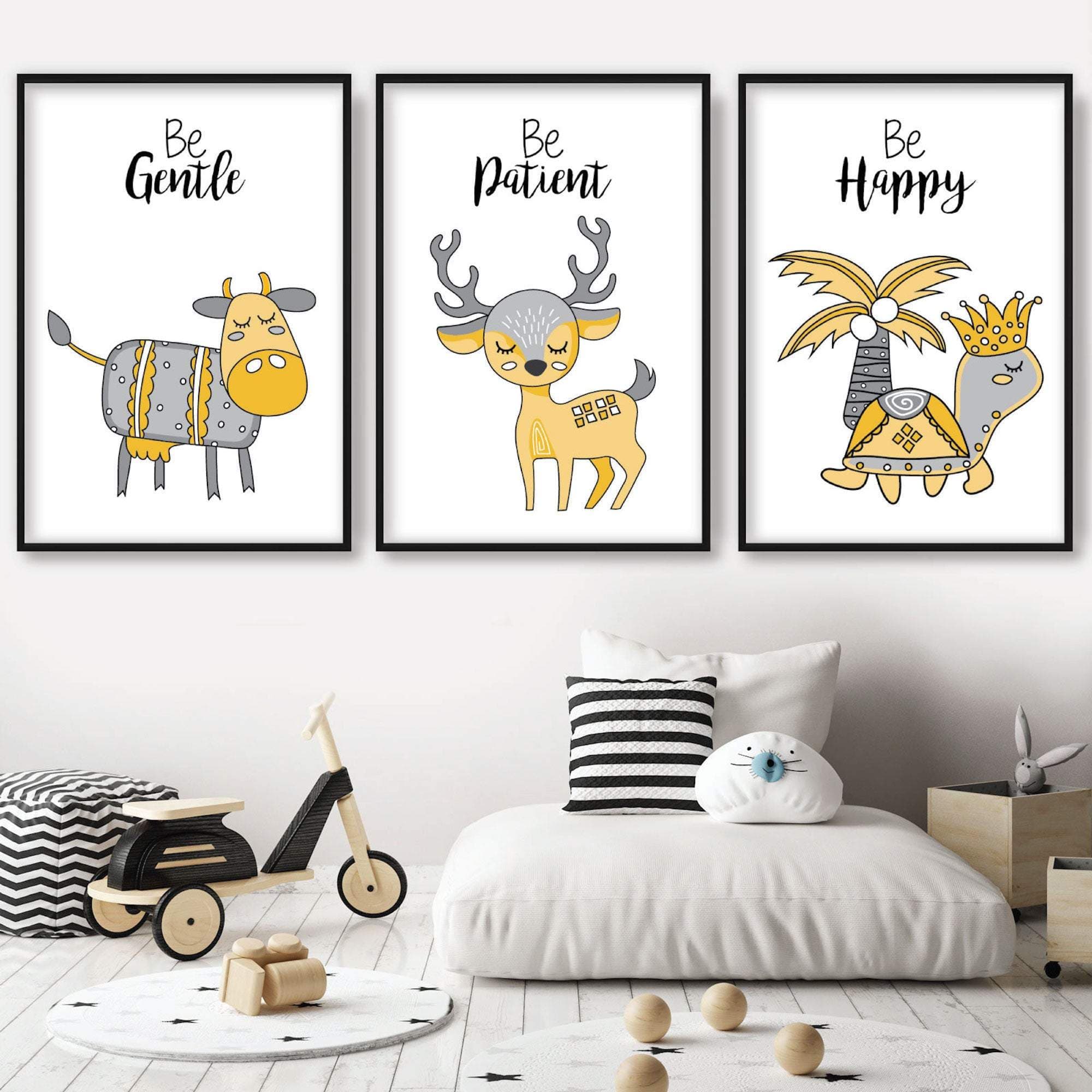 NURSERY Set of 3 Animals Wall Art Quote Prints in Yellow and Grey