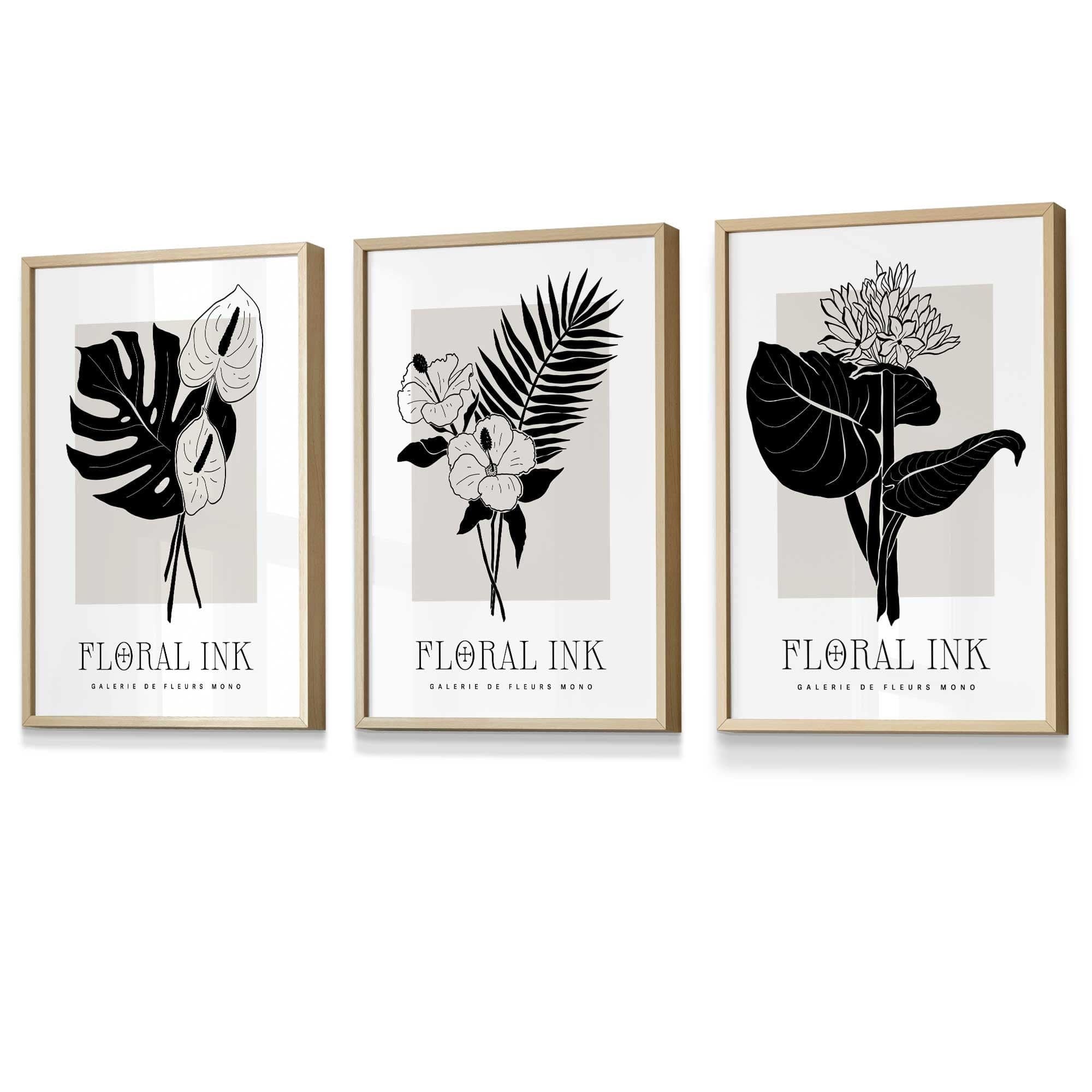 Framed Set of 3 Floral Sketch Ink Botanical Leaves in Black and Beige | Artze Wall Art UK