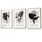 Framed Set of 3 Floral Sketch Ink Botanical Leaves in Black and Beige | Artze Wall Art UK