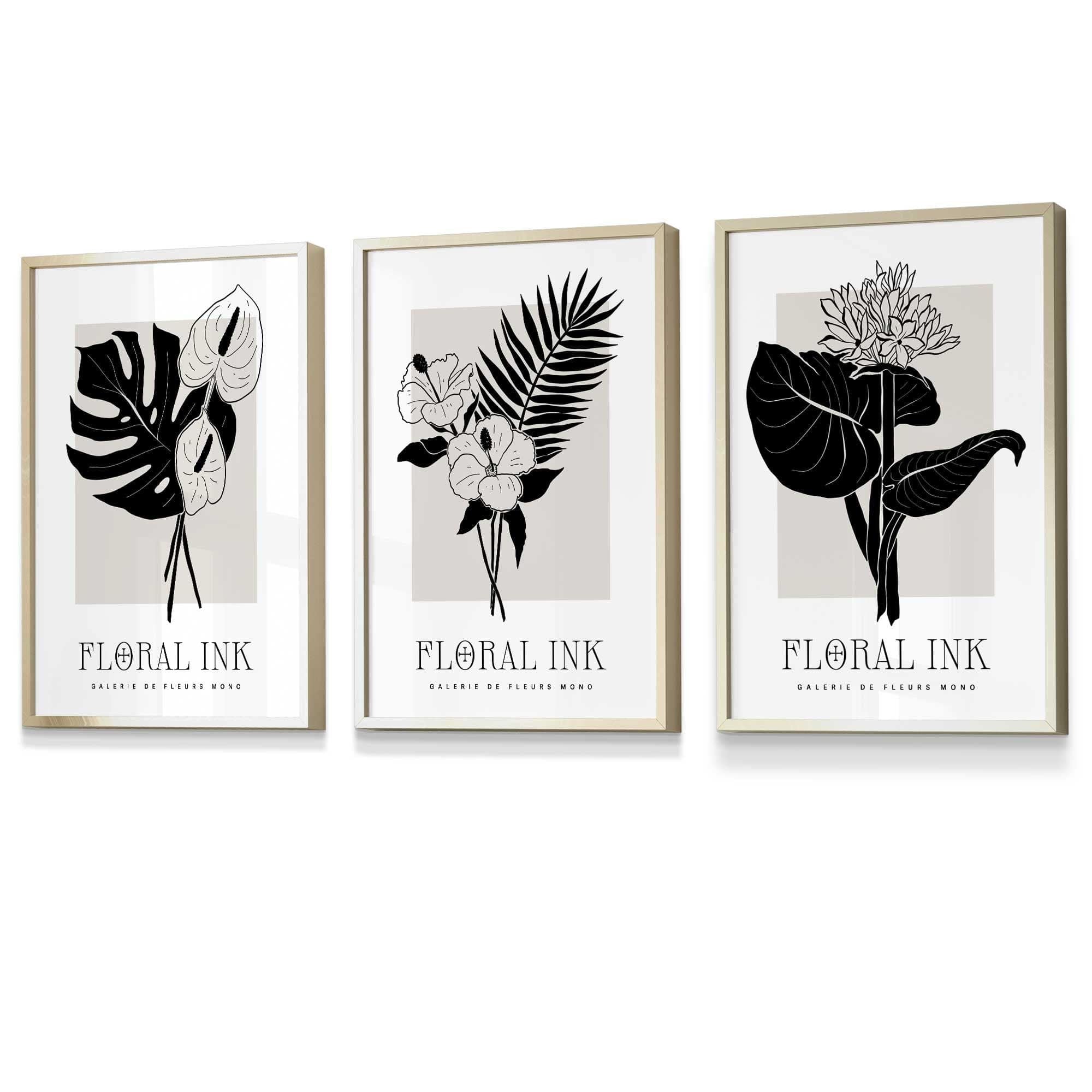 Framed Set of 3 Floral Sketch Ink Botanical Leaves in Black and Beige | Artze Wall Art UK