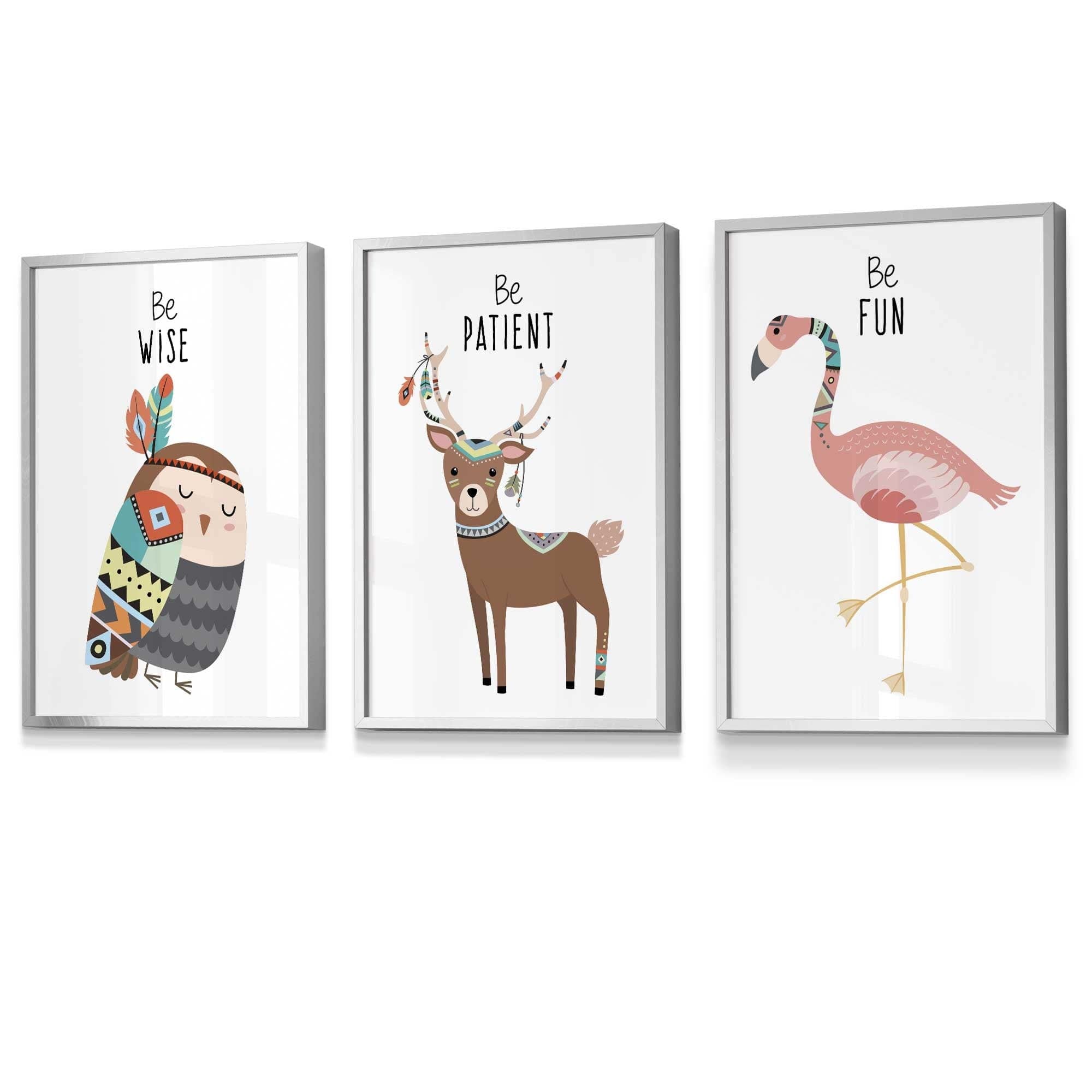 NURSERY Prints Set of 3 Tribal Wall Art Quote Prints Be Wise Owl Deer Flamingo / FRAMED Kids Wall Art | Artze Wall Art UK
