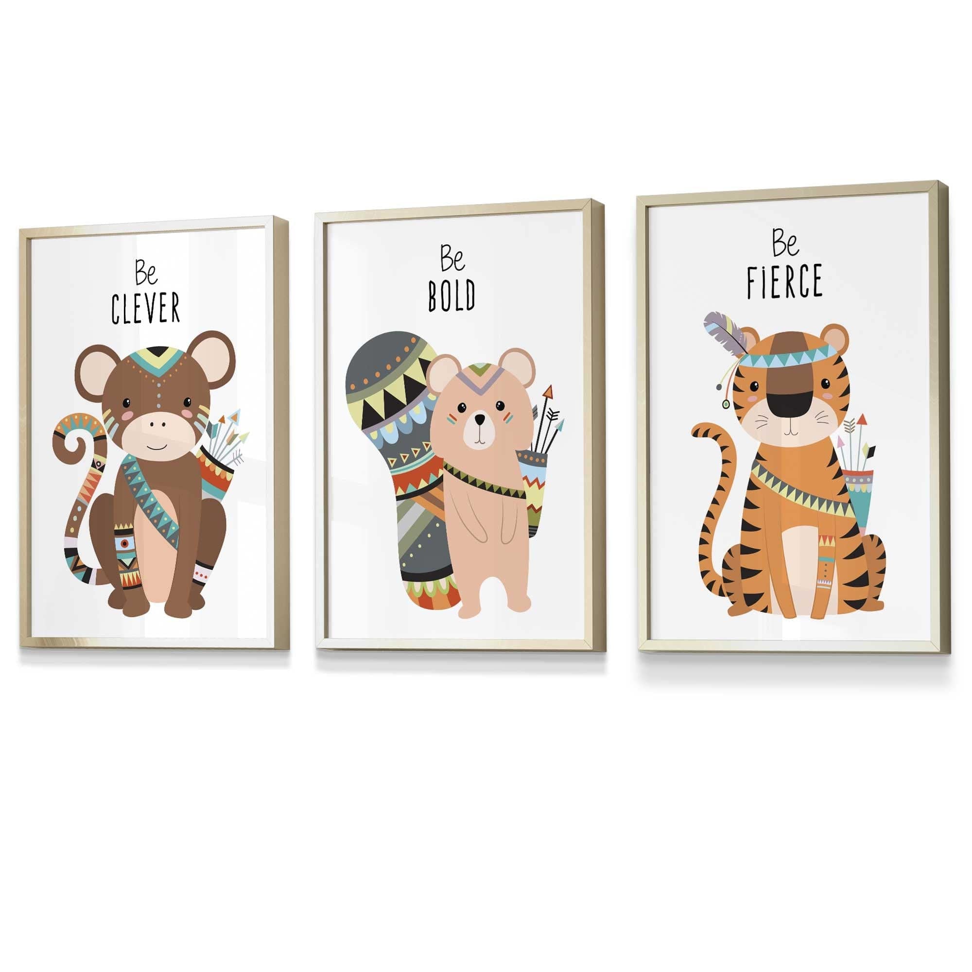 NURSERY Prints Set of 3 Tribal Wall Art Quote Prints Tiger, Monkey Be Curious Wall Art Quote Prints / FRAMED Kids Wall Art | Artze Wall Art UK