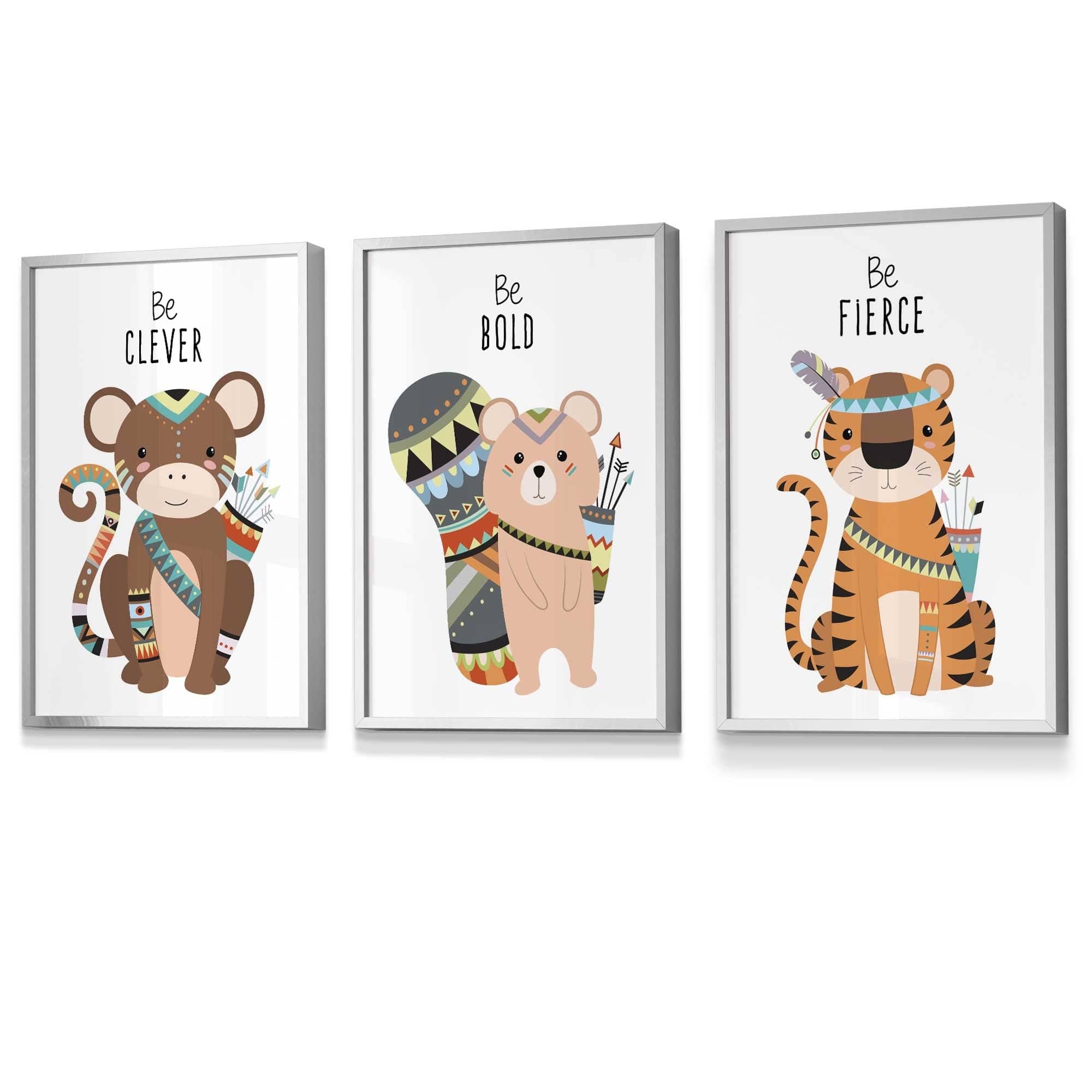 NURSERY Prints Set of 3 Tribal Wall Art Quote Prints Tiger, Monkey Be Curious Wall Art Quote Prints / FRAMED Kids Wall Art | Artze Wall Art UK