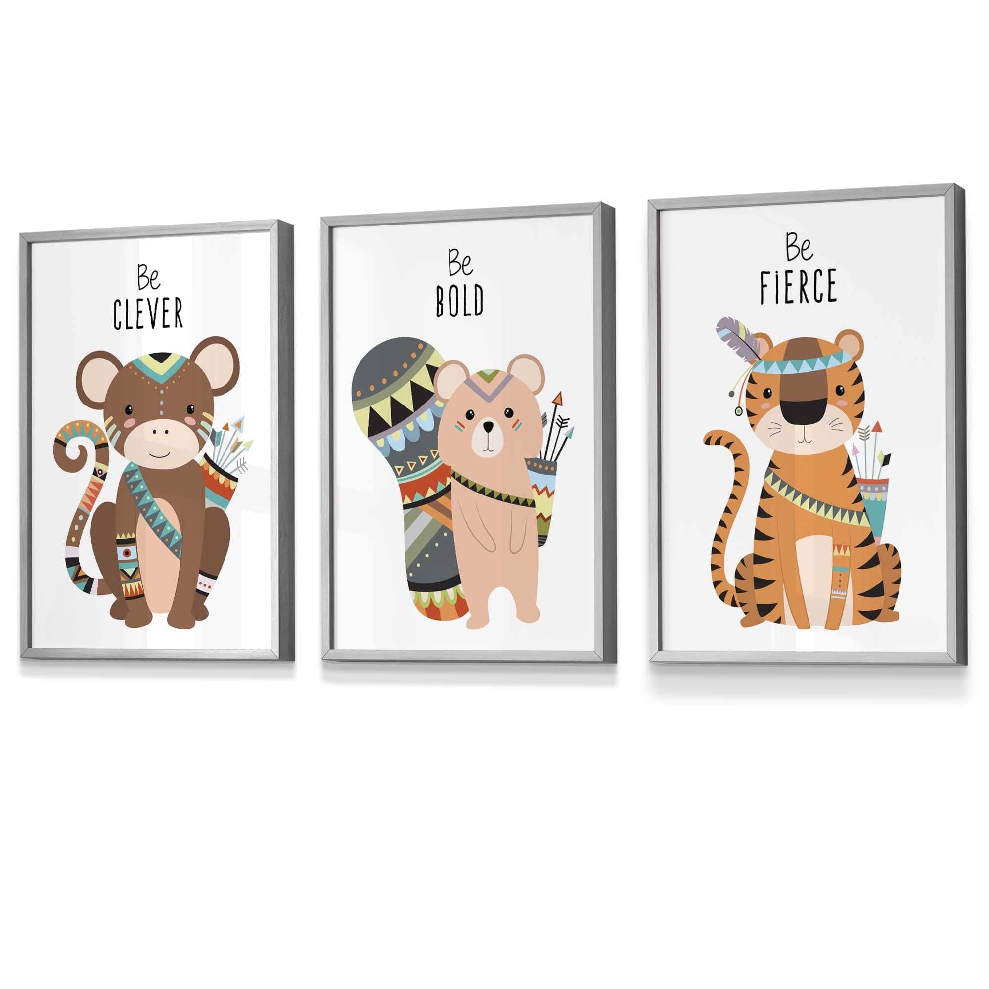 NURSERY Prints Set of 3 Tribal Wall Art Quote Prints Tiger, Monkey Be Curious Wall Art Quote Prints / FRAMED Kids Wall Art | Artze Wall Art UK