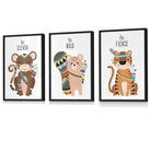 NURSERY Prints Set of 3 Tribal Wall Art Quote Prints Tiger, Monkey Be Curious Wall Art Quote Prints / FRAMED Kids Wall Art | Artze Wall Art UK