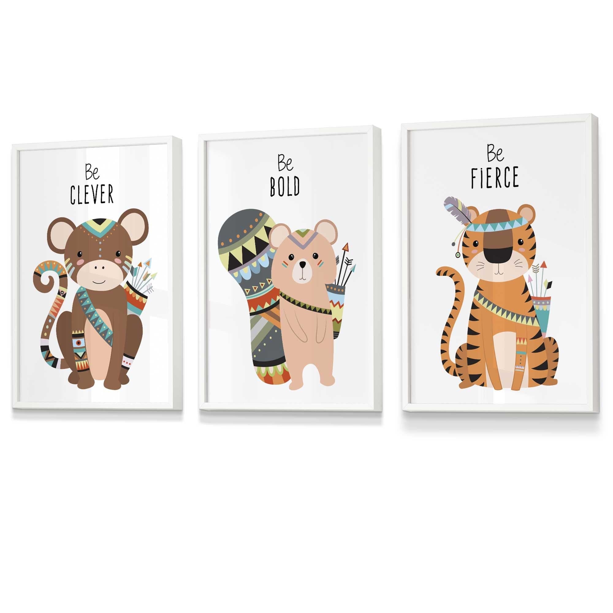 NURSERY Prints Set of 3 Tribal Wall Art Quote Prints Tiger, Monkey Be Curious Wall Art Quote Prints / FRAMED Kids Wall Art | Artze Wall Art UK