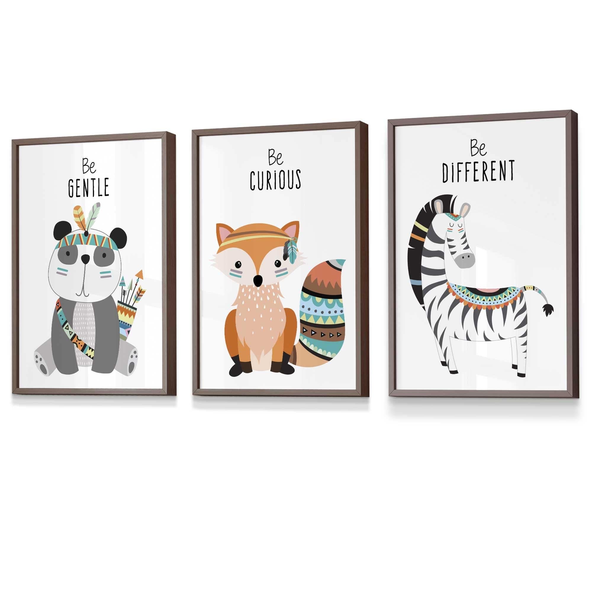 NURSERY Prints Set of 3 Panda, Fox, Zebra Tribal Quote FRAMED Kids Wall Art | Artze Wall Art UK